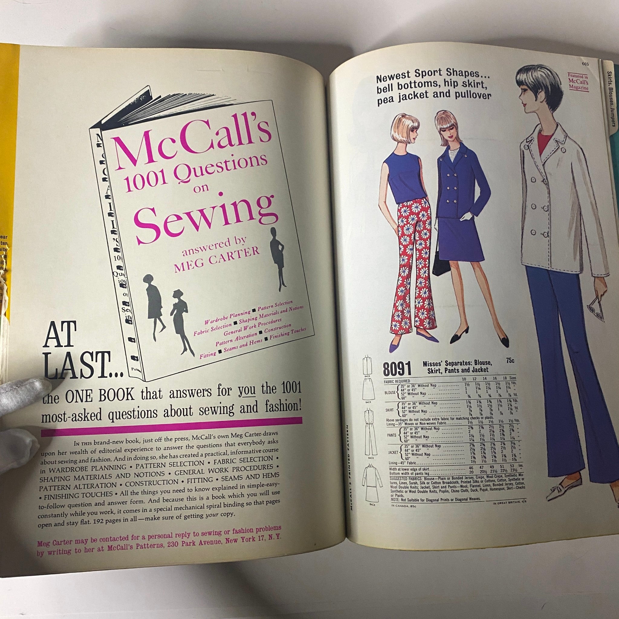 1966 February McCall's Designers' Collection Catalog displaying the book 'McCall's 1001 Questions on Sewing' alongside trendy Misses' sewing patterns like blouses, skirts, and jackets.