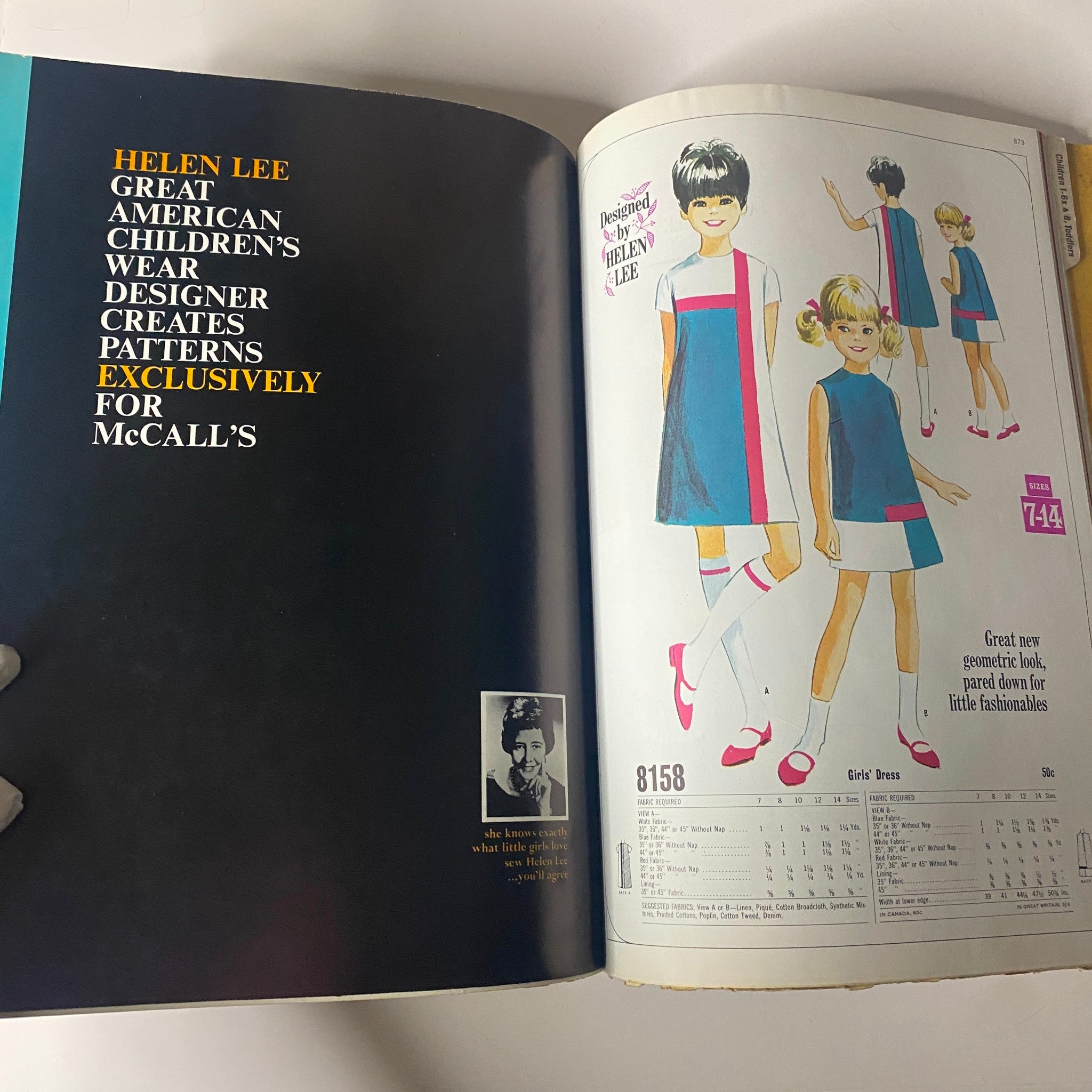 1966 February McCall's Designers' Collection Catalog featuring a page by designer Helen Lee showcasing bright geometric children's dresses for sizes 7-14. This catalog highlights fashionable sewing patterns for girls.