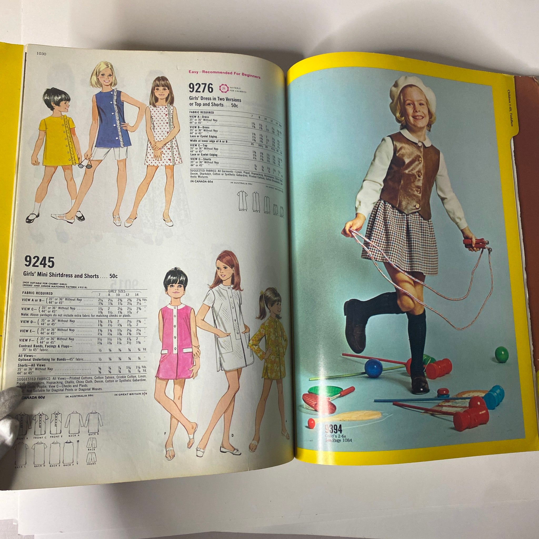 1969 February McCall's Step by Step Patterns Catalog showing fun children's fashion drawings, featuring girls' dresses and shorts suitable for beginner sewing projects.