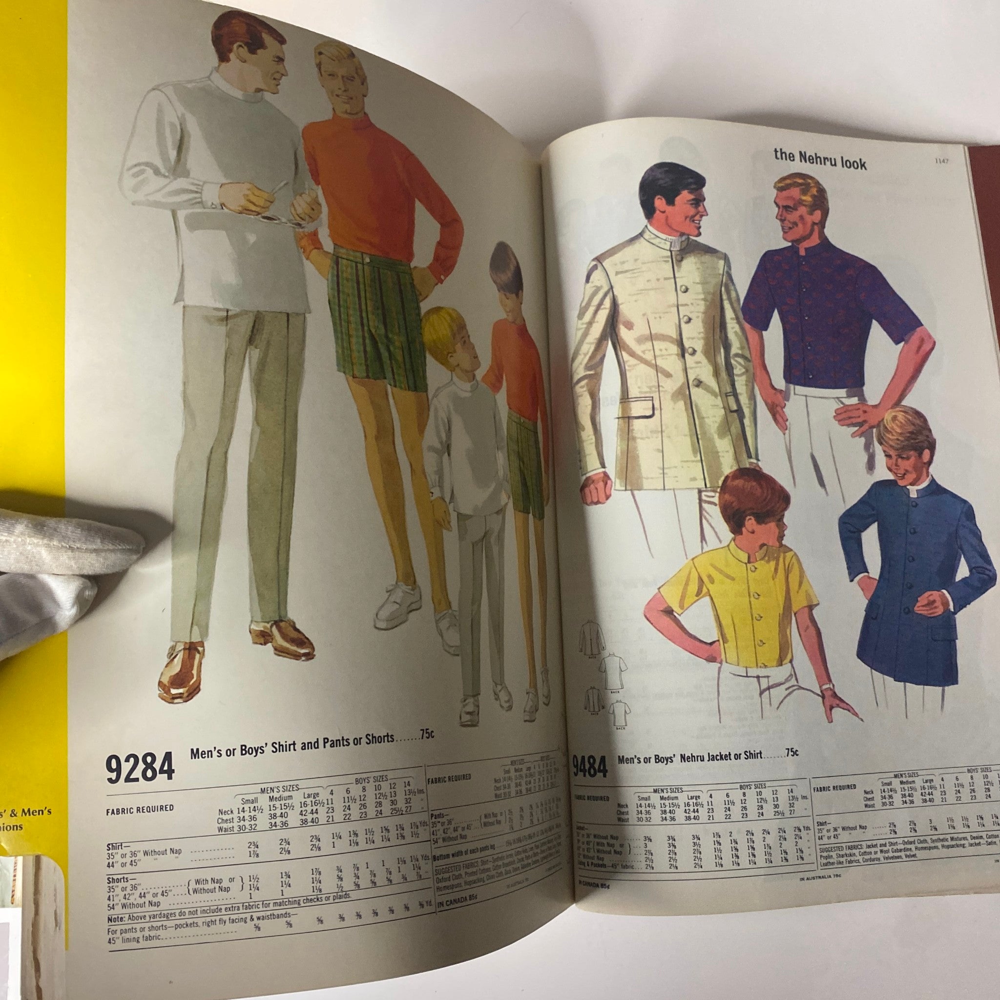 1969 February McCall's Step by Step Patterns Catalog showcasing a variety of men's and boys' fashion styles including shirts, pants, and Nehru jackets with detailed sewing instructions.