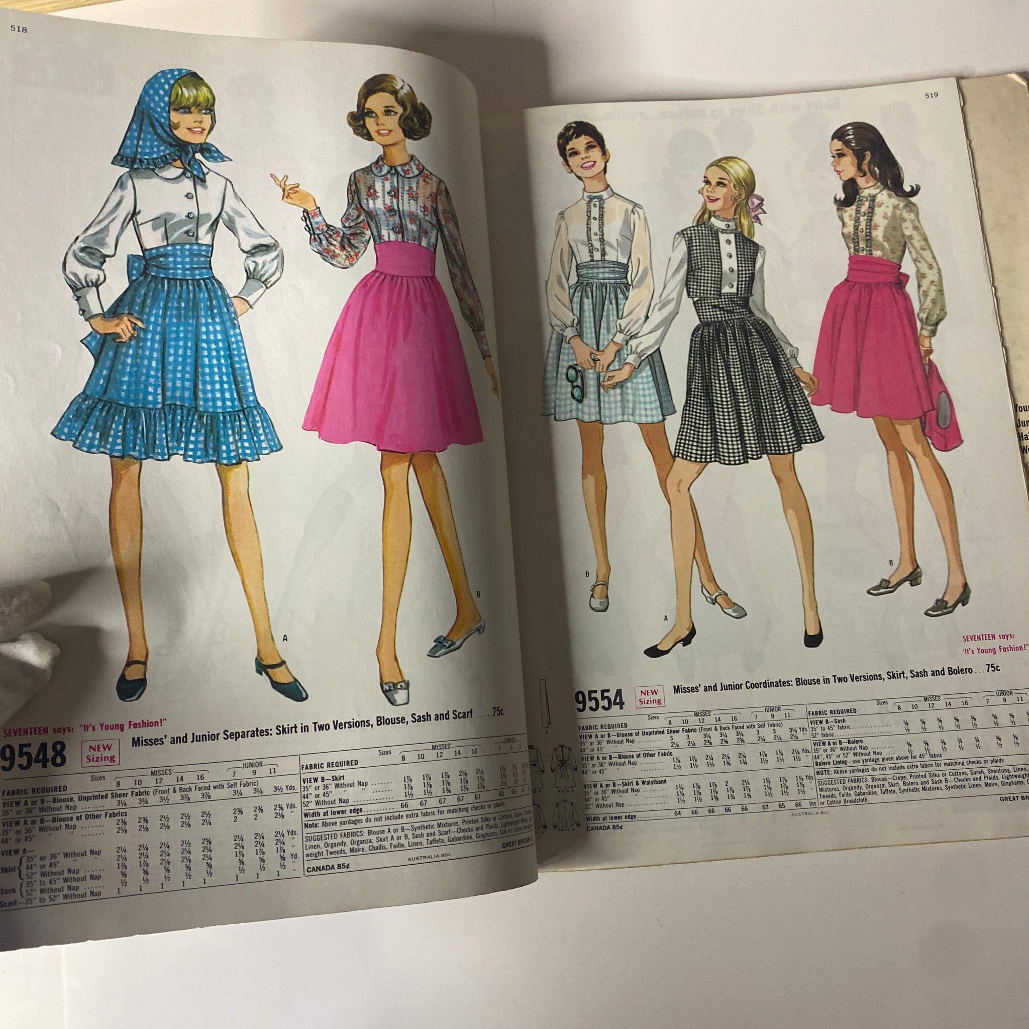 1969 McCall's School Spring Huge Store Retail Counter Catalog featuring models in retro separates, dresses, and skirts, emphasizing youthful fashion trends of the 1960s.
