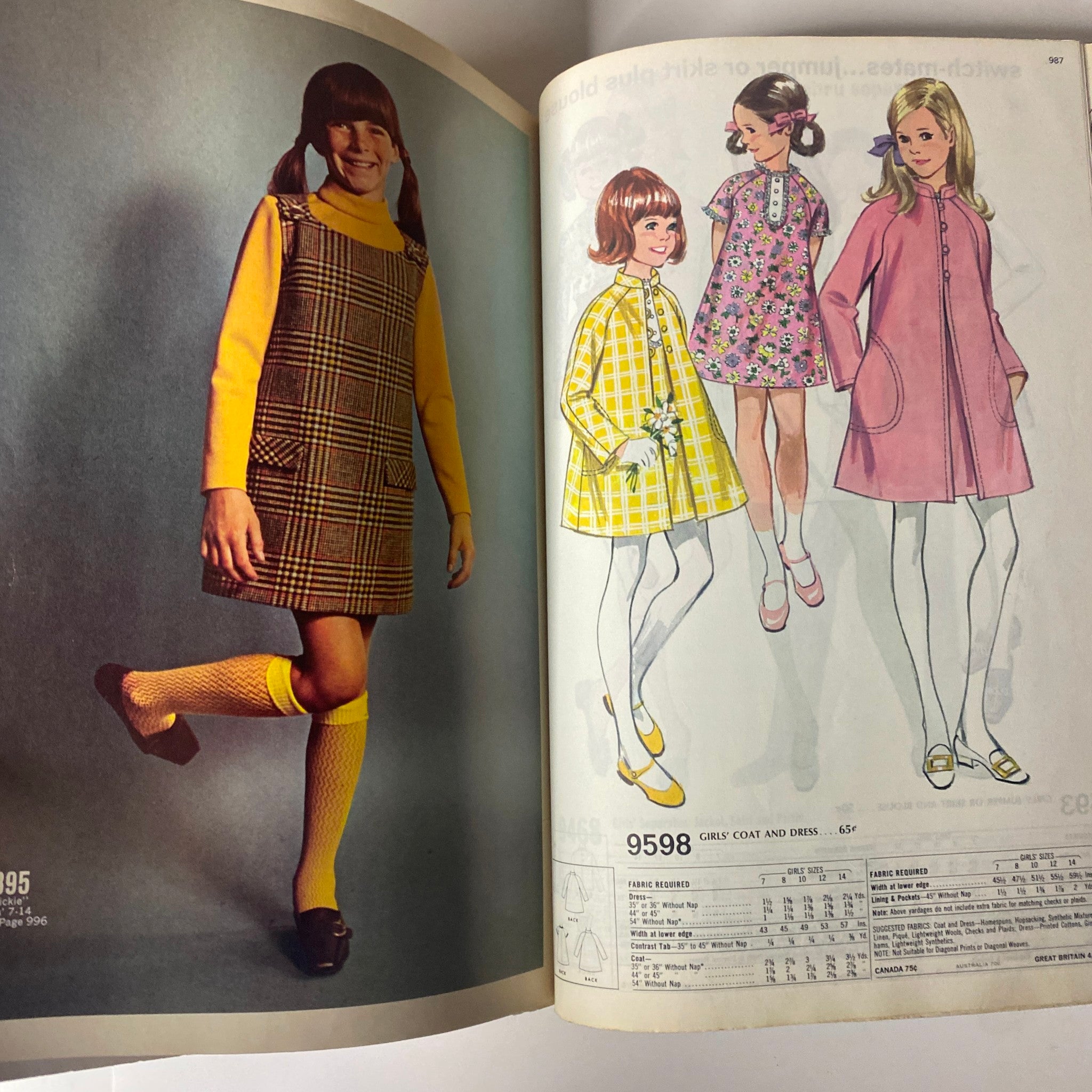 1969 McCall's School Spring Huge Store Retail Counter Catalog showcasing a young girl in a plaid jumper dress and yellow turtleneck, alongside illustrated fashion drawings of three trendy dresses, ideal for retro school fashion enthusiasts.