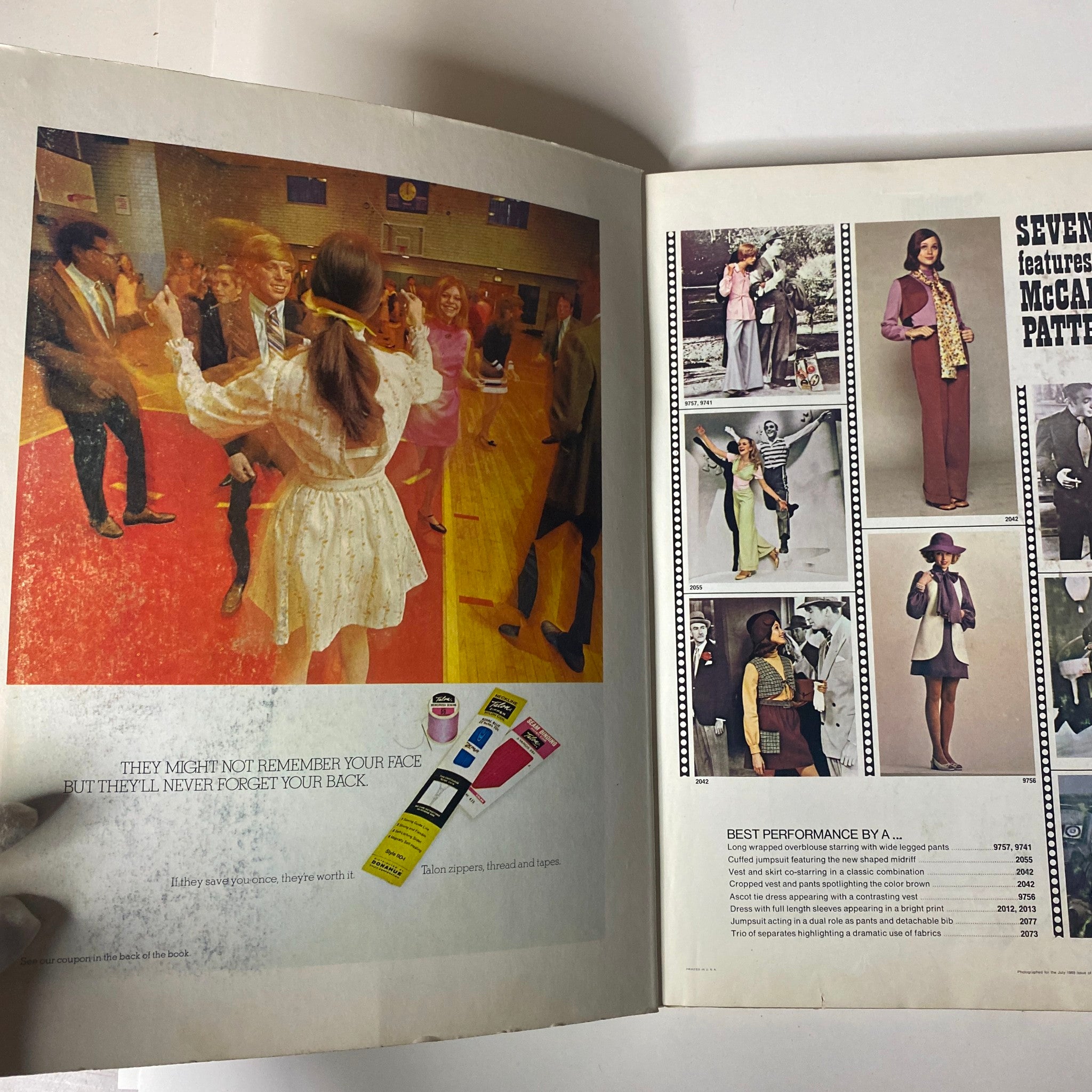 Interior page of the 1969 McCall's School Fall Catalog showcasing a vibrant dance scene, along with colorful sewing patterns and fashion illustrations from the late 1960s.