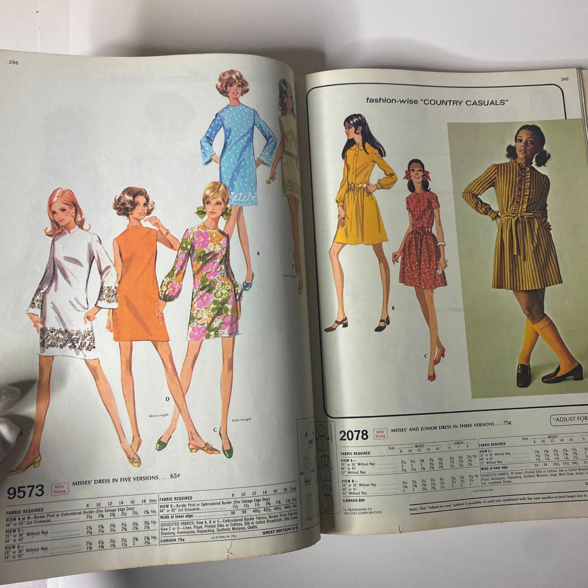 1969 McCall's School Fall Huge Store Retail Counter Catalog displaying fashionable dresses and casual styles, highlighting vibrant patterns and designs for youthful fashion enthusiasts.