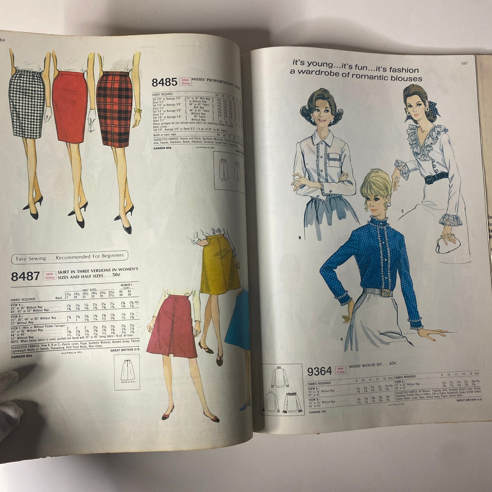 1969 McCall's School Fall Huge Store Retail Counter Catalog featuring a collection of skirts and blouses, emphasizing easy sewing options for fashionable young women.