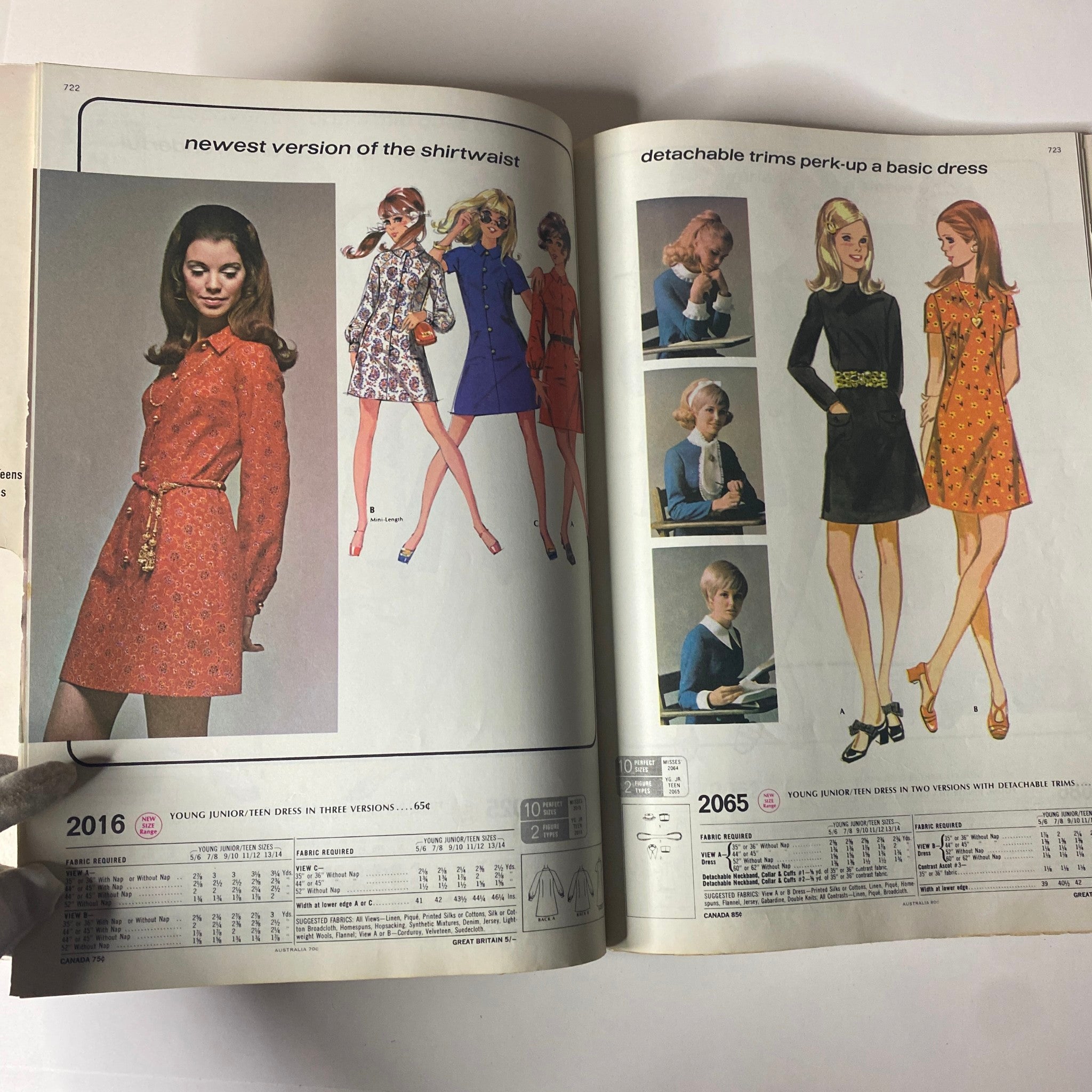 1969 McCall's School Fall Huge Store Retail Counter Catalog displaying a variety of dresses designed for junior and teen fashion, featuring vibrant colors and stylish patterns.