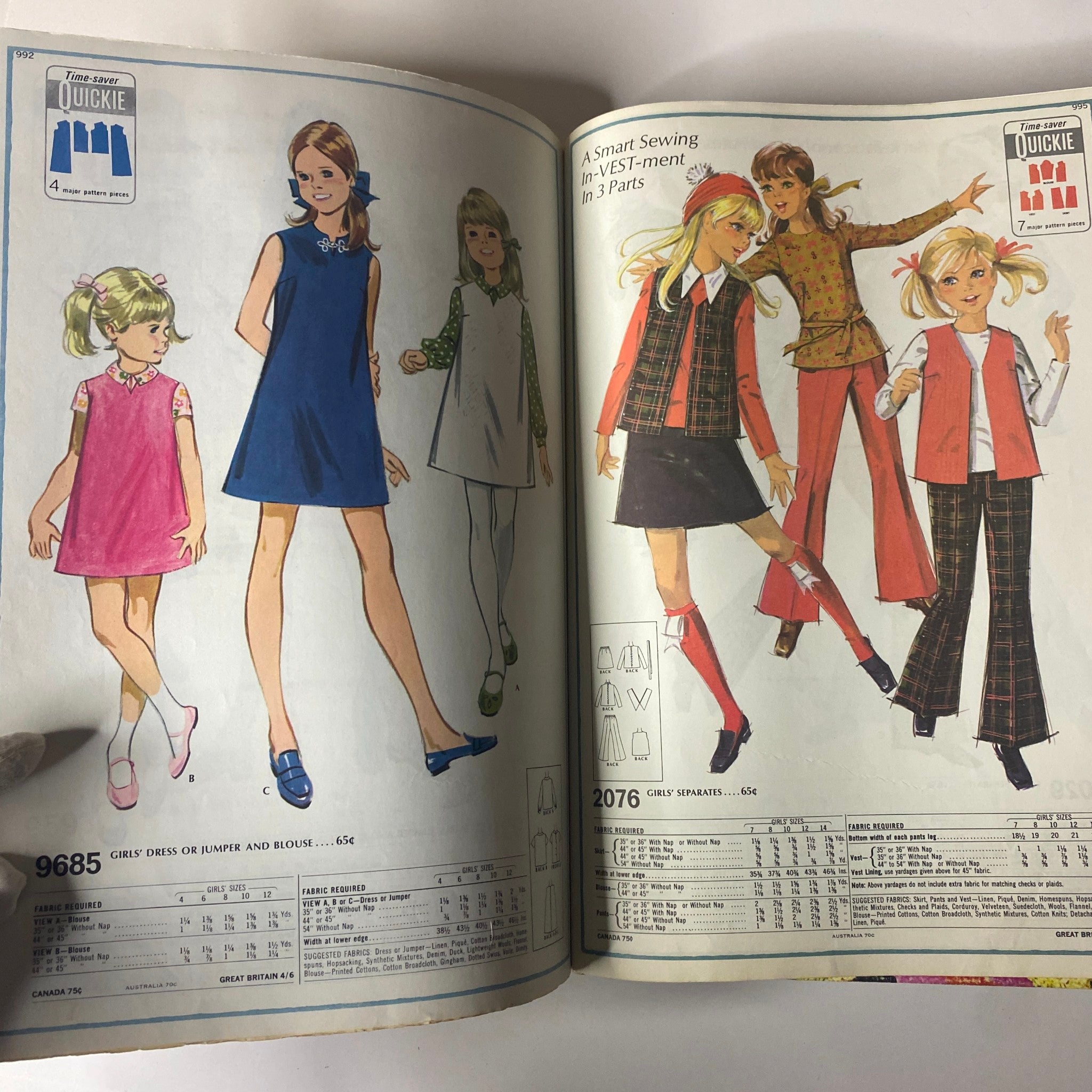 1969 McCall's School Fall catalog illustration featuring young girls in stylish dresses, showcasing sewing patterns for trendy fall outfits, including designs for dresses and separates.