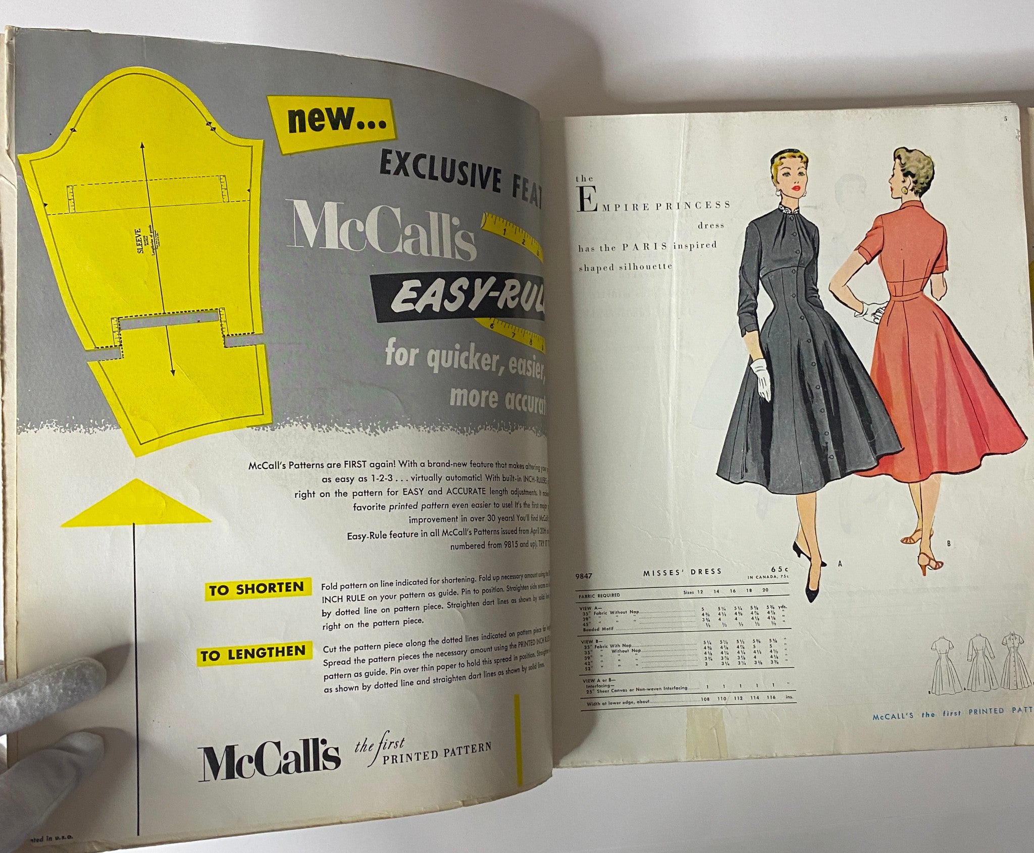 Page from the 1954 July McCall's The First Printed Pattern Catalog showcasing the McCall's Easy-Rule feature and an Empire Princess dress design, highlighting easier pattern adjustments.