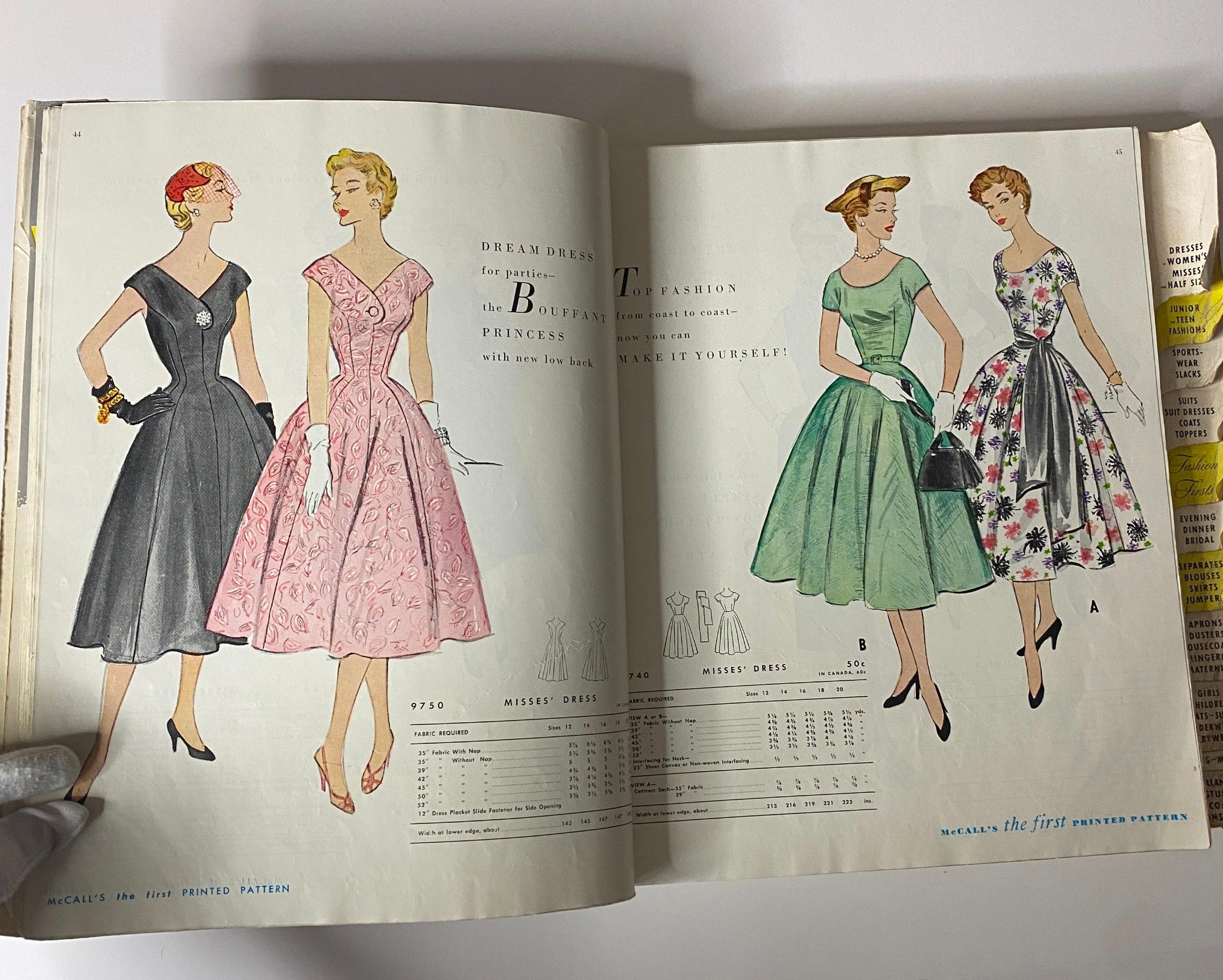 Illustration from the 1954 July McCall's The First Printed Pattern Catalog featuring two Misses' dresses - a black dream dress and a bouffant princess dress, emphasizing vintage fashion styles of the 1950s.