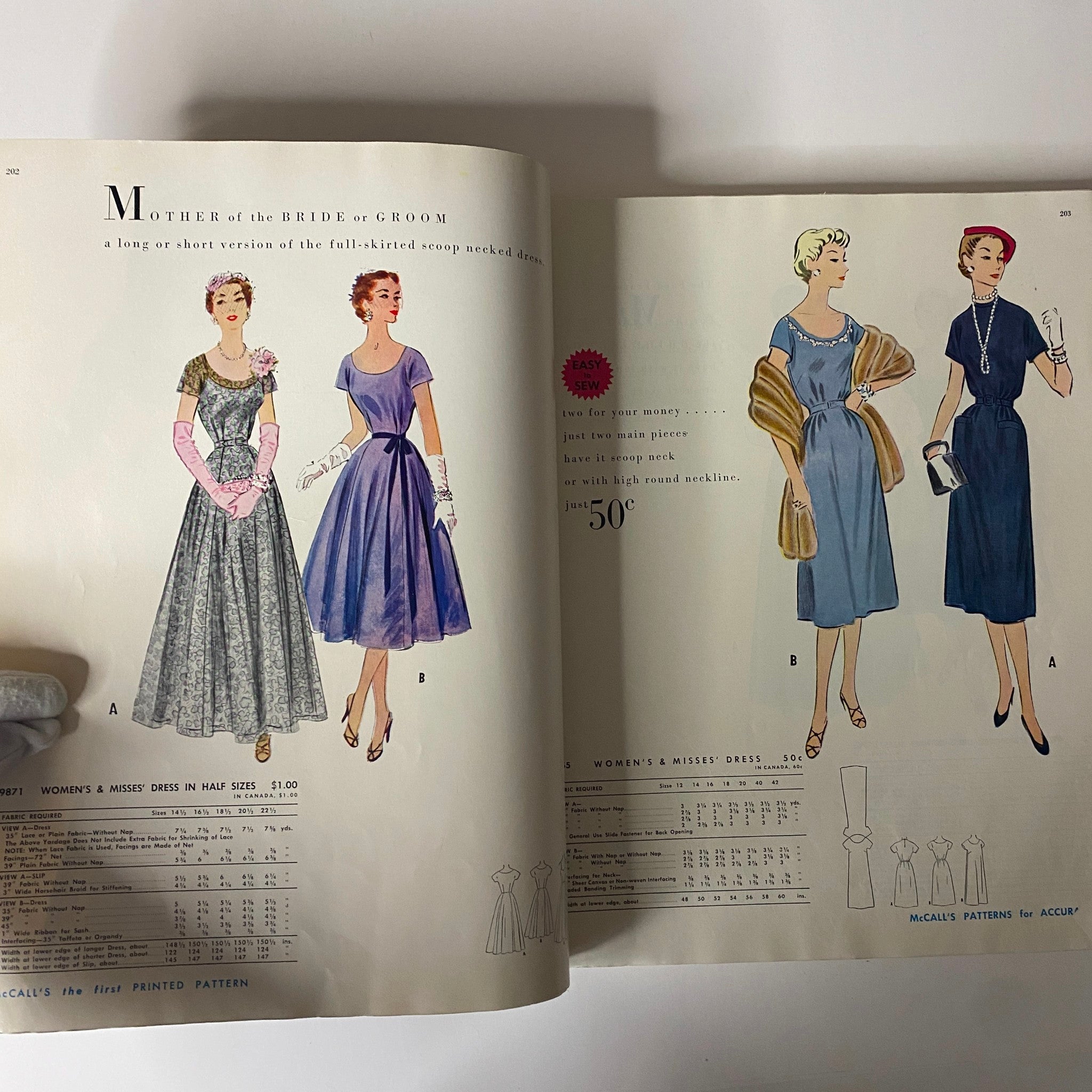 Image from the 1954 July McCall's The First Printed Pattern Catalog displaying elegant Mother of the Bride or Groom dress options, with a focus on full skirts and versatile designs.