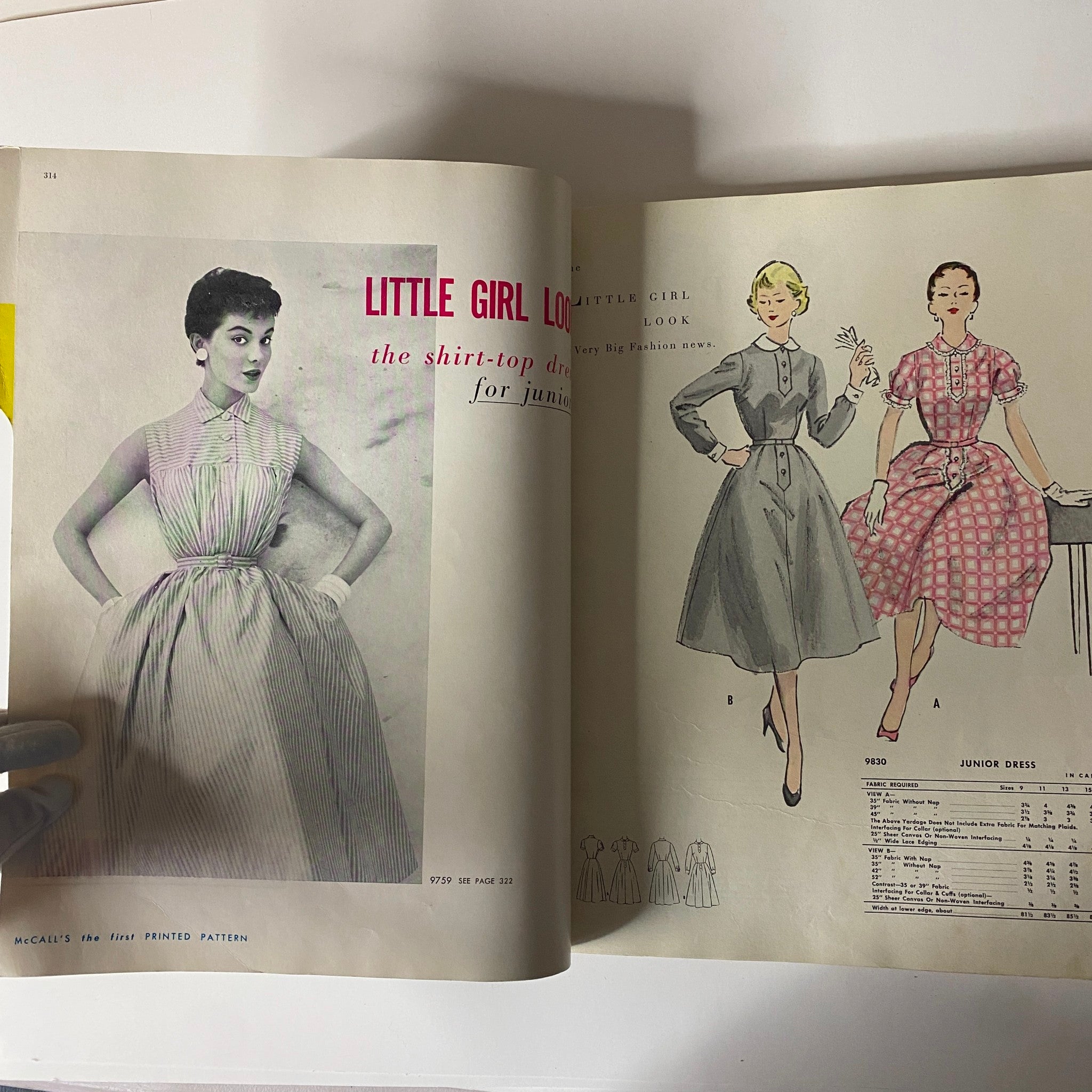 A page from the 1954 July McCall's The First Printed Pattern Catalog highlighting junior dress styles, featuring striped shirts looking back to vintage children’s fashion trends.