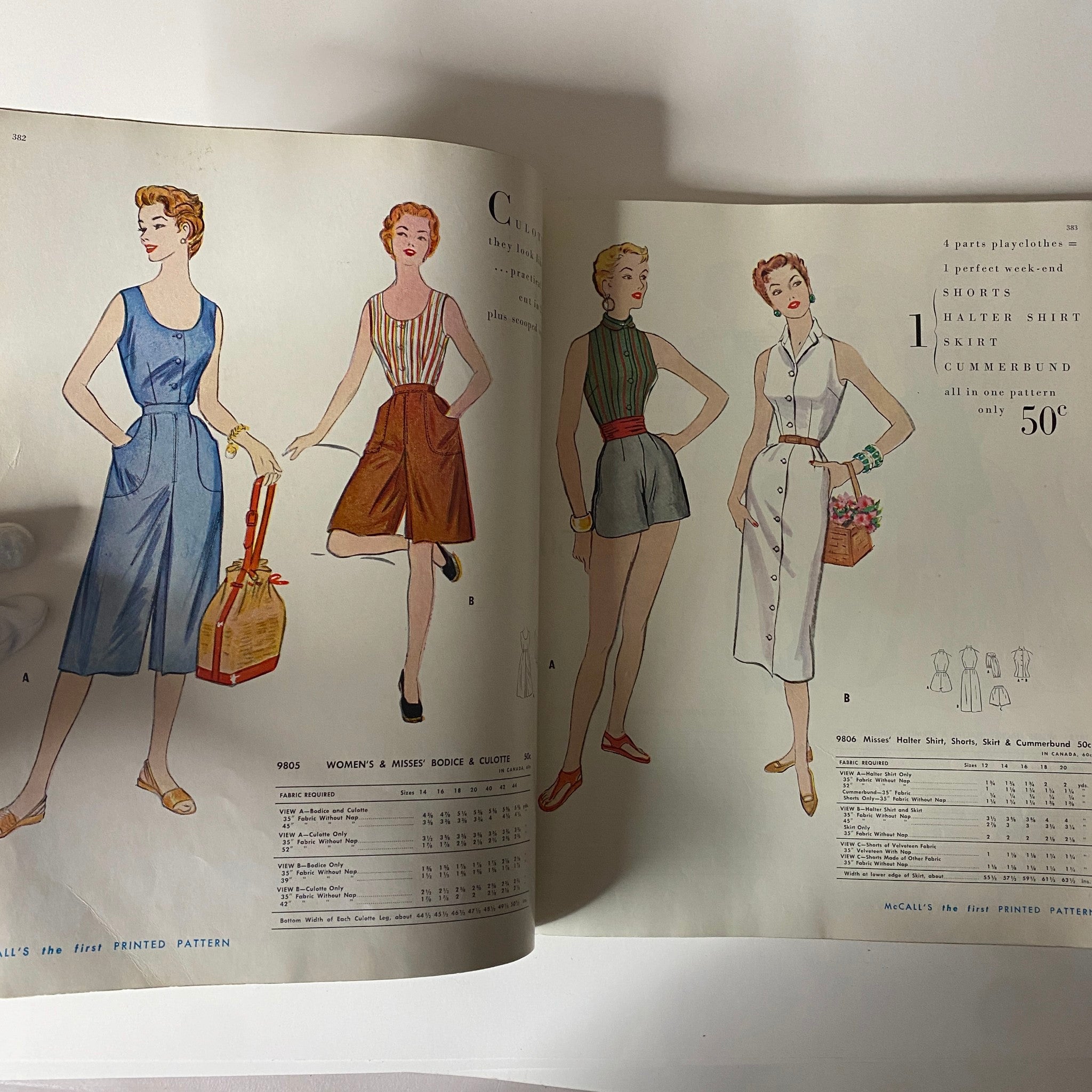 1954 July McCall's The First Printed Pattern showing a page with women's fashion designs including dresses, shorts, and skirts, illustrating elegant silhouettes and classic styles.