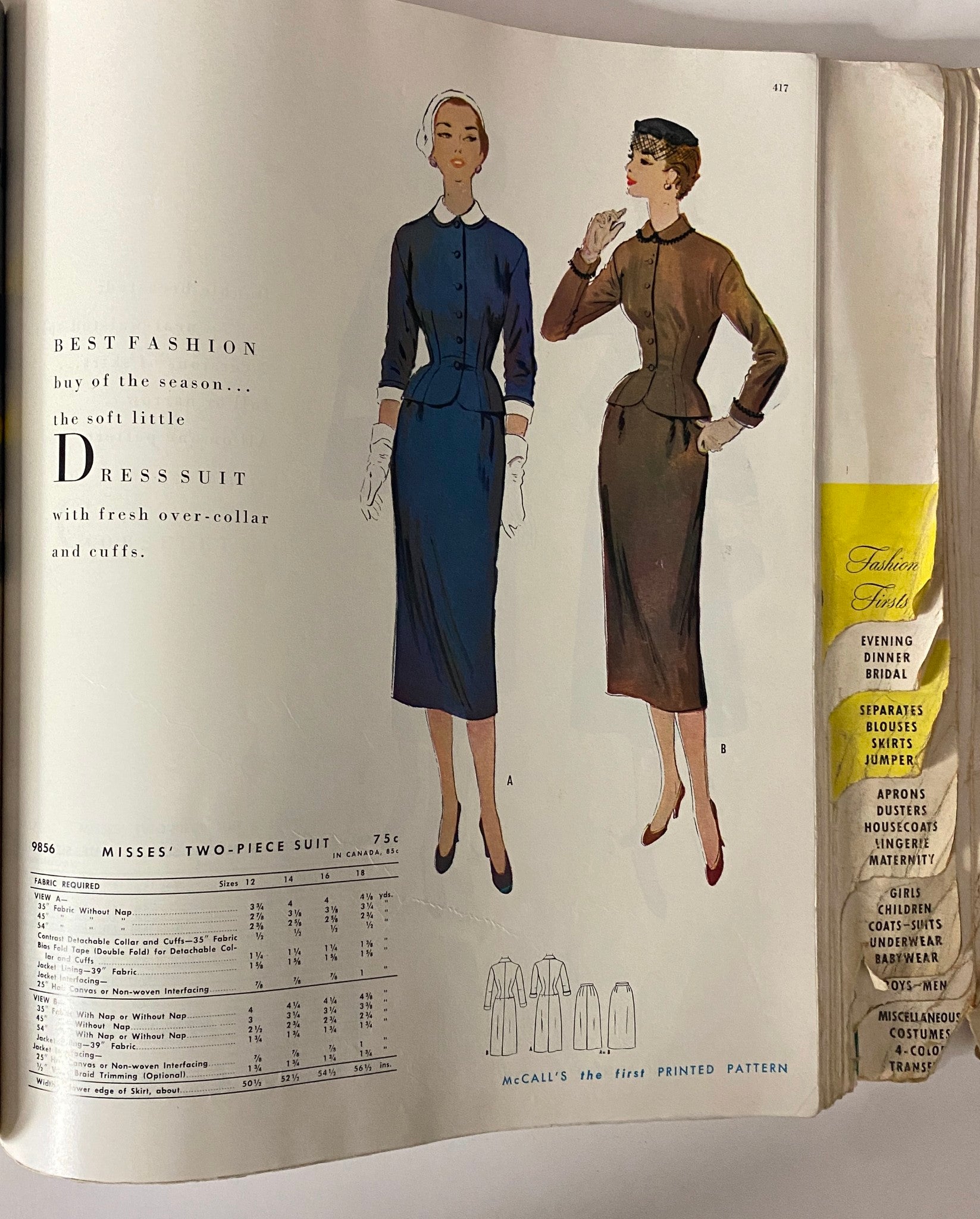 1954 July McCall's The First Printed Pattern featuring a page with two women's dress suits, showcasing vintage fashion styles with elegant collars and buttons.