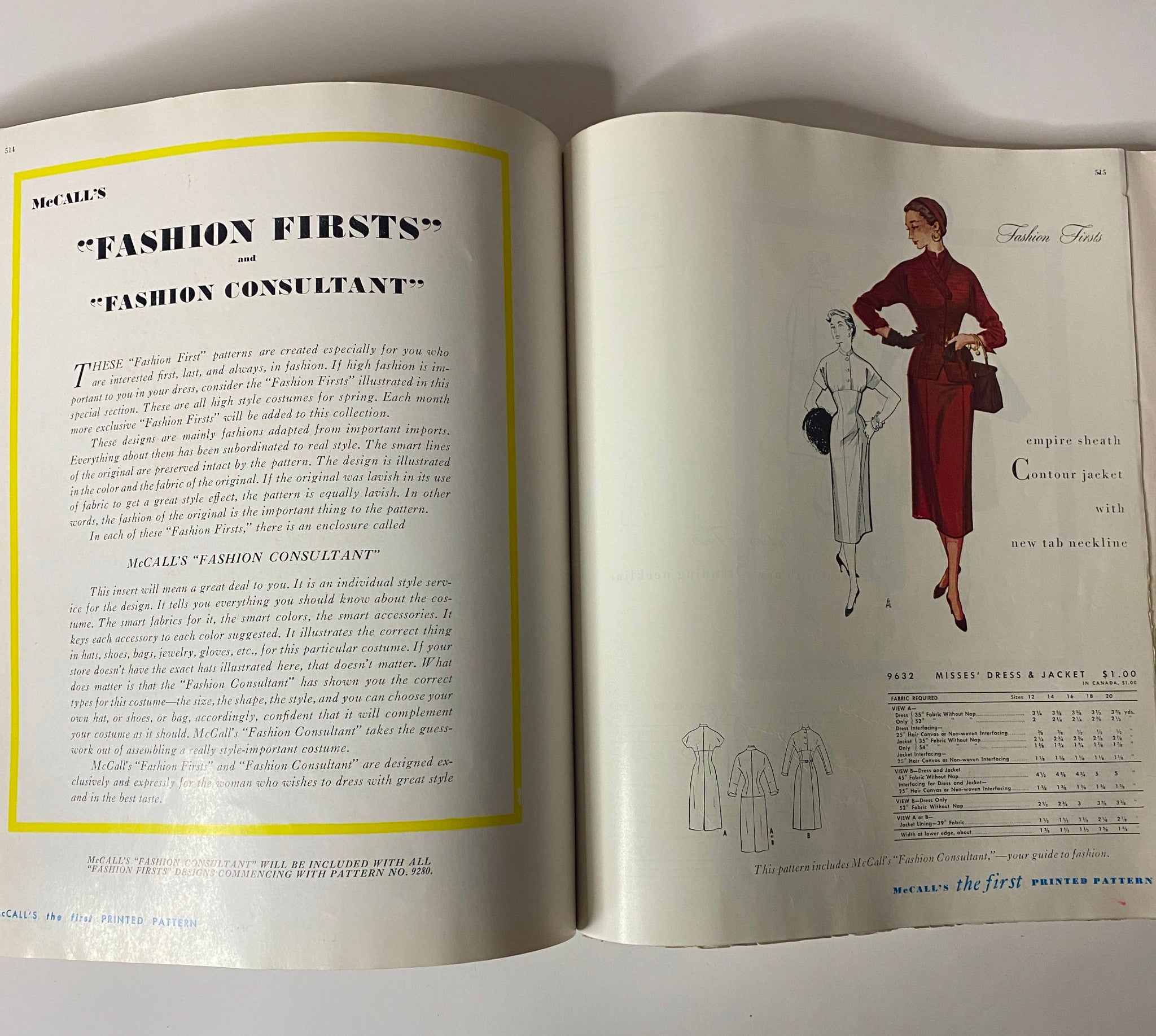 1954 July McCall's The First Printed Pattern highlighting a page about McCall's Fashion Firsts, discussing fashion consultant tips alongside illustrations of dresses.
