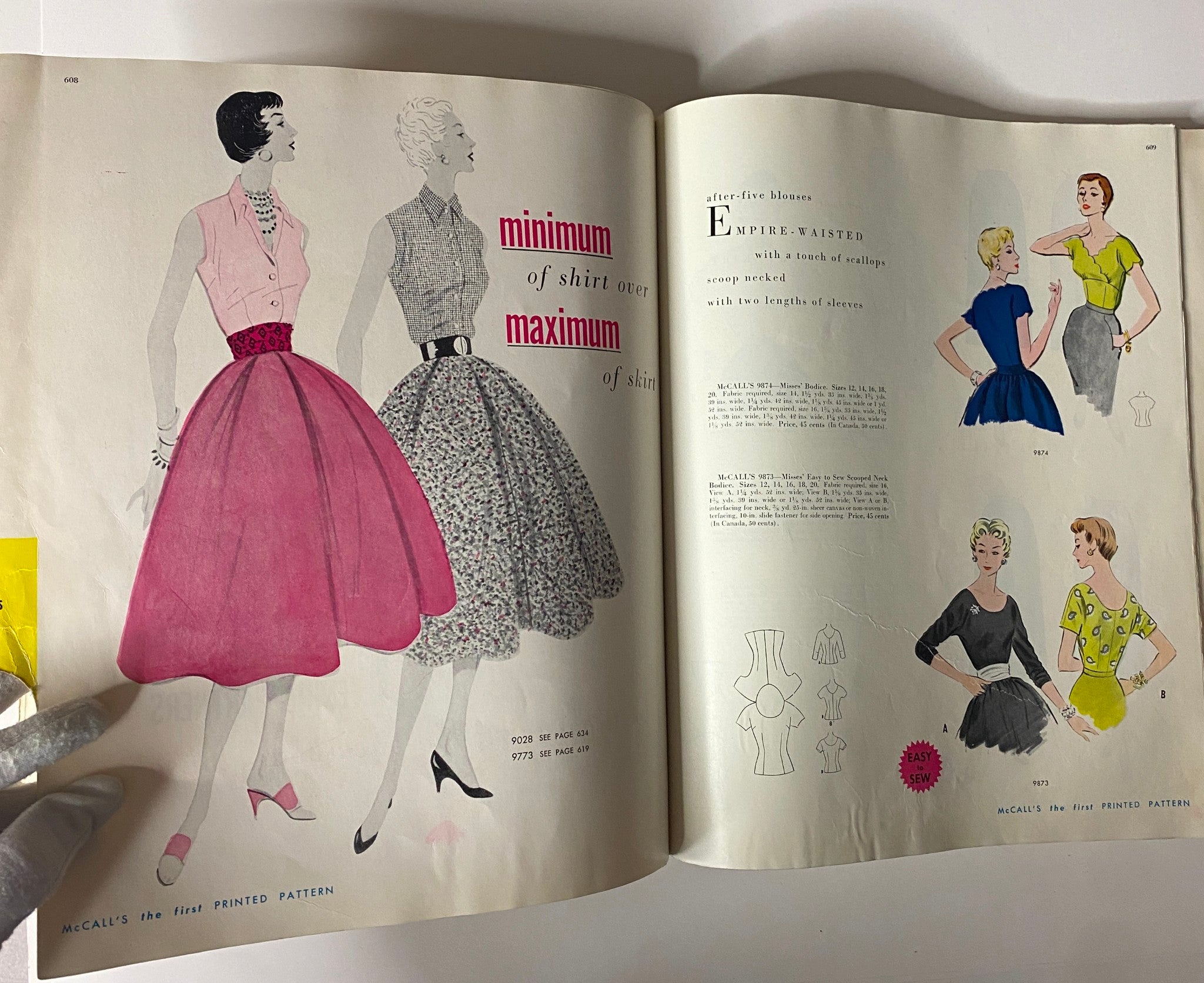 1954 July McCall's The First Printed Pattern illustrating a page featuring women in stylish skirts and blouses, highlighting vintage fashion trends and patterns.