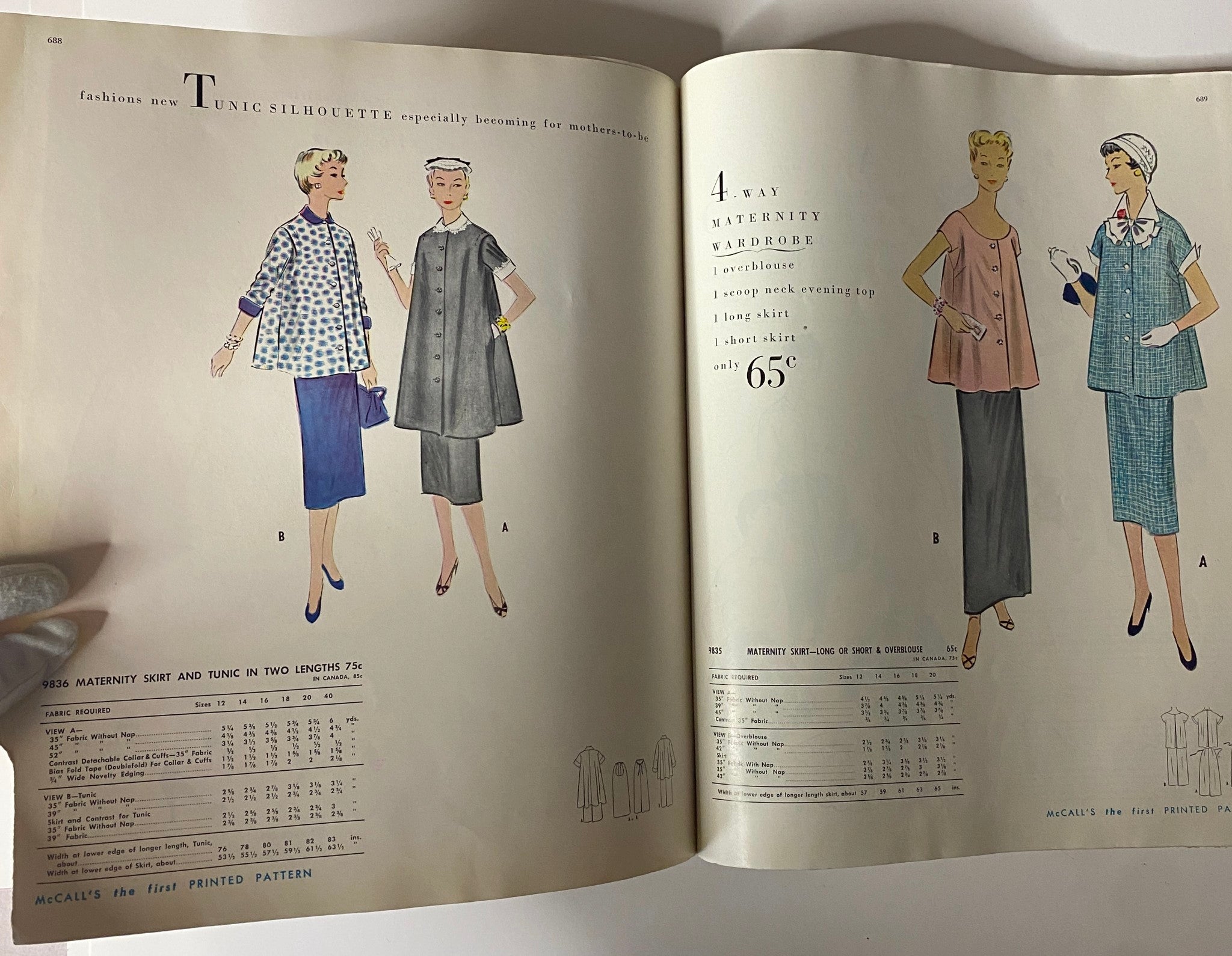 Vintage illustration from the 1954 July McCall's catalog showcasing maternity fashion, highlighting a tunic silhouette and a 4-way maternity wardrobe. A historical piece representing the first printed pattern catalog.