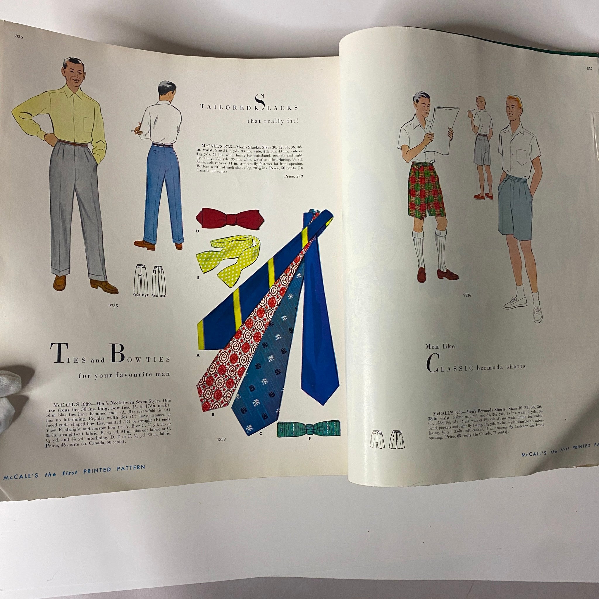Stylish illustrations from the 1954 July McCall's catalog displaying tailored slacks and men's fashion accessories like ties and bow ties, representing McCall's first printed patterns.