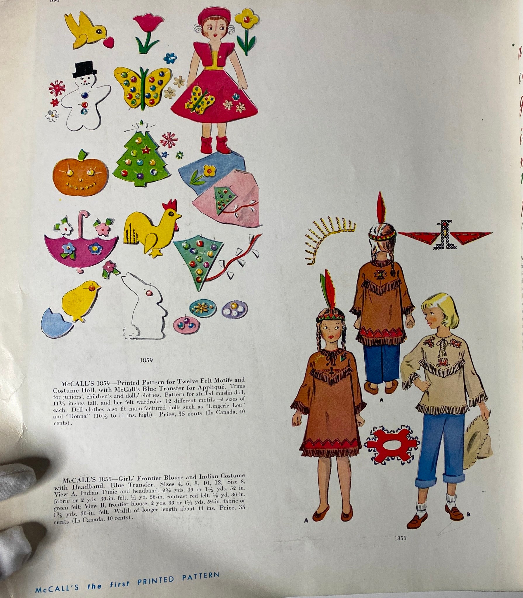 Colorful illustrations from the 1954 July McCall's catalog depicting various felt motifs and costumes for children, showcasing early design inspirations in sewing patterns.