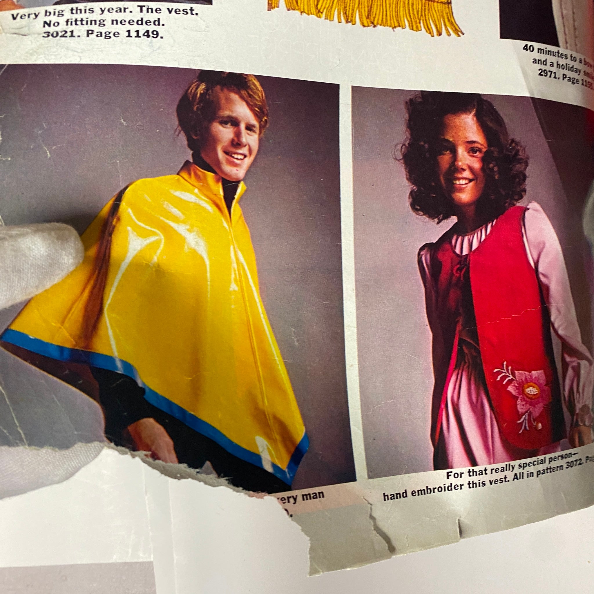 Inside page of the 1971 McCall's Christmas Holiday Issue highlighting fashion items for men and women, with vibrant colors and styles.