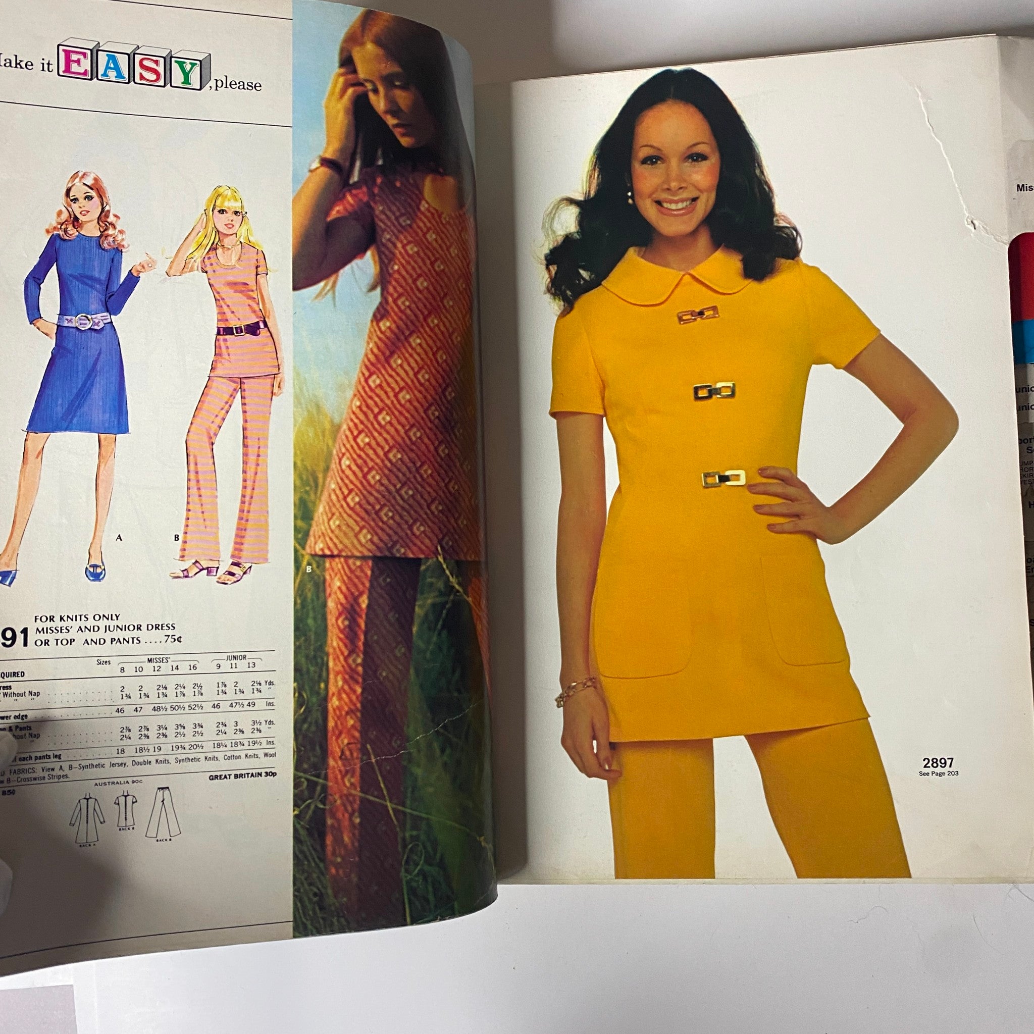 Original McCall's Holiday Issue Catalog from 1971 showcasing Misses' and Junior dresses, including a vibrant yellow outfit paired with stylish separates.