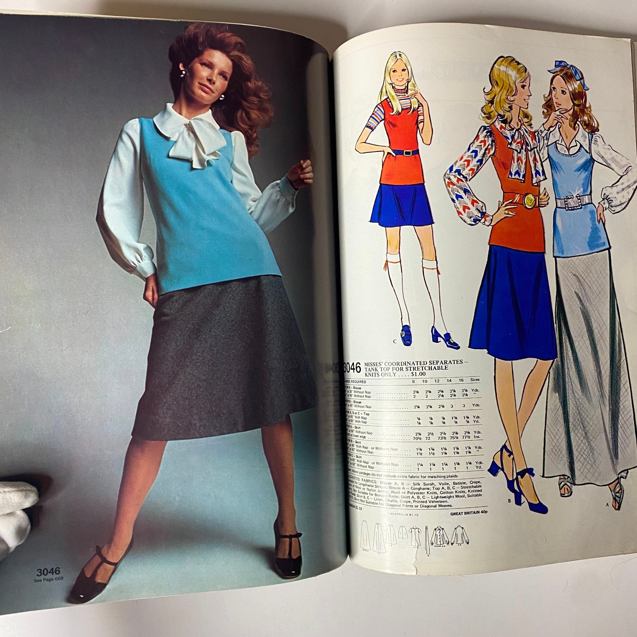 1971 McCall's Christmas Holiday Issue featuring a model in a coordinated outfit with a stylish blue vest and white blouse, paired with a gray skirt and various illustrated outfit options.