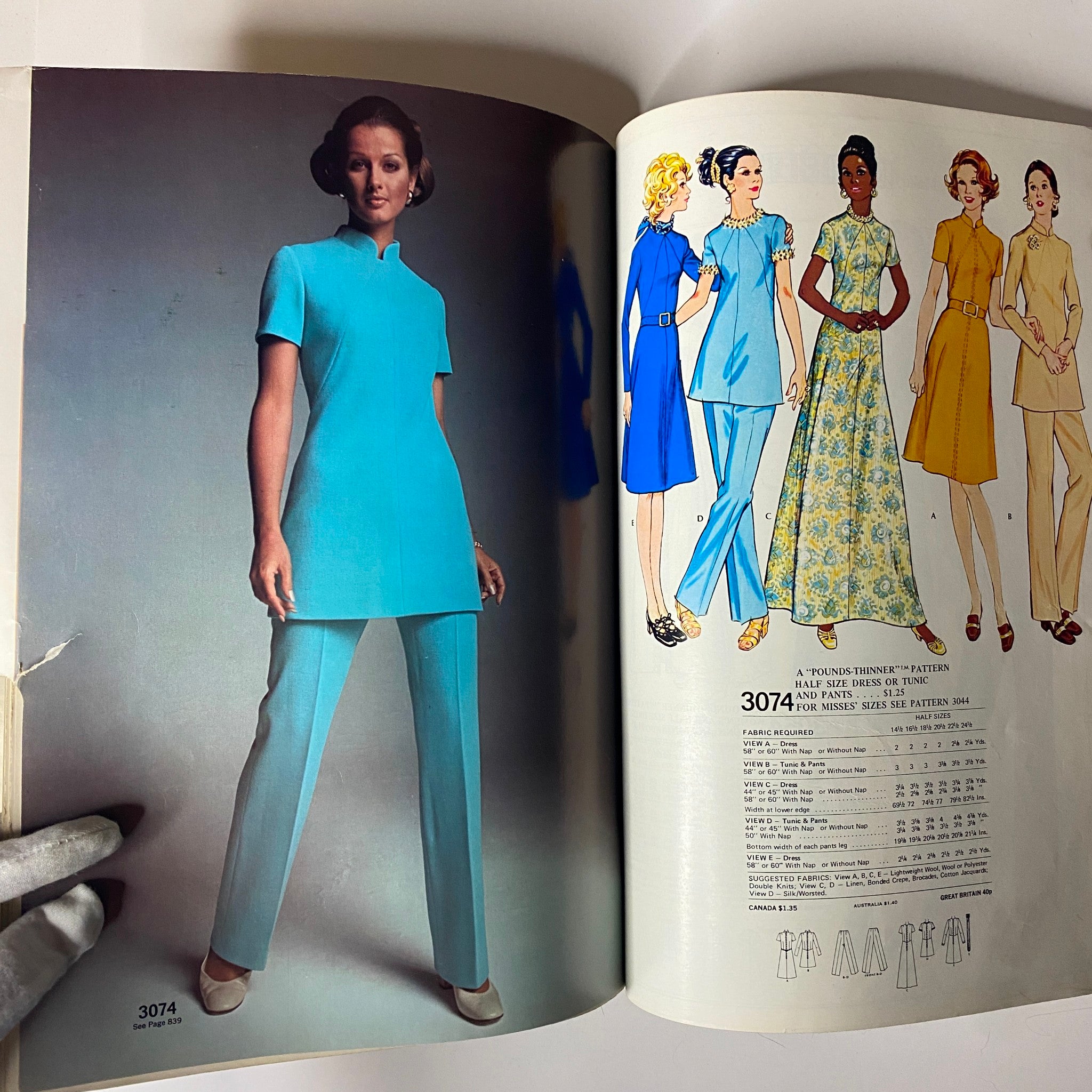 1971 McCall's Christmas Holiday Issue featuring a model in a turquoise outfit, showcasing patterns for stylish dresses, pants, and tunics from vintage clothing designs.