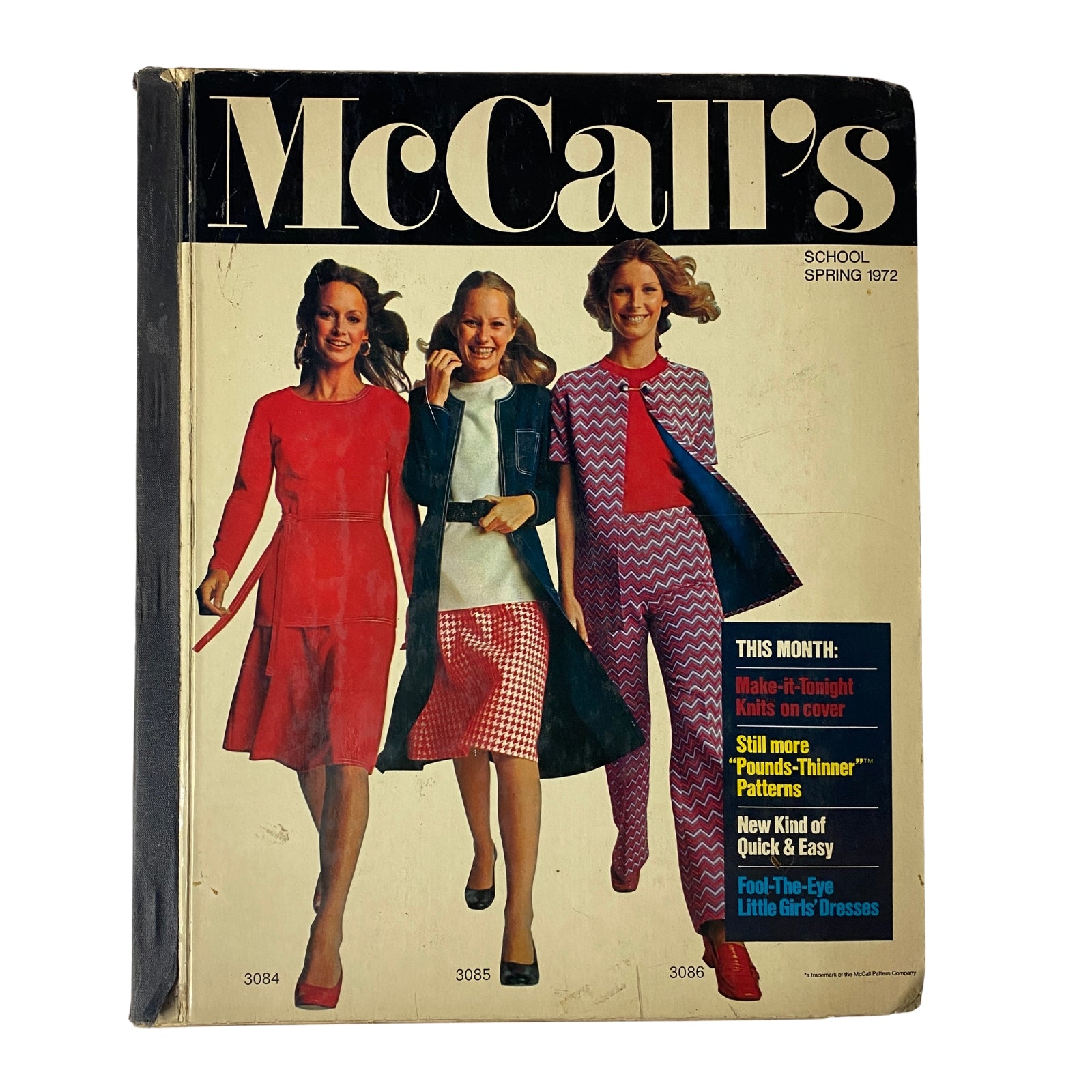 1972 McCall's School Spring Huge Store Retail Counter Catalog cover featuring three young women in vibrant spring fashion, showcasing classic 70s styles including dresses, jackets, and patterns, ideal for teens and young juniors.