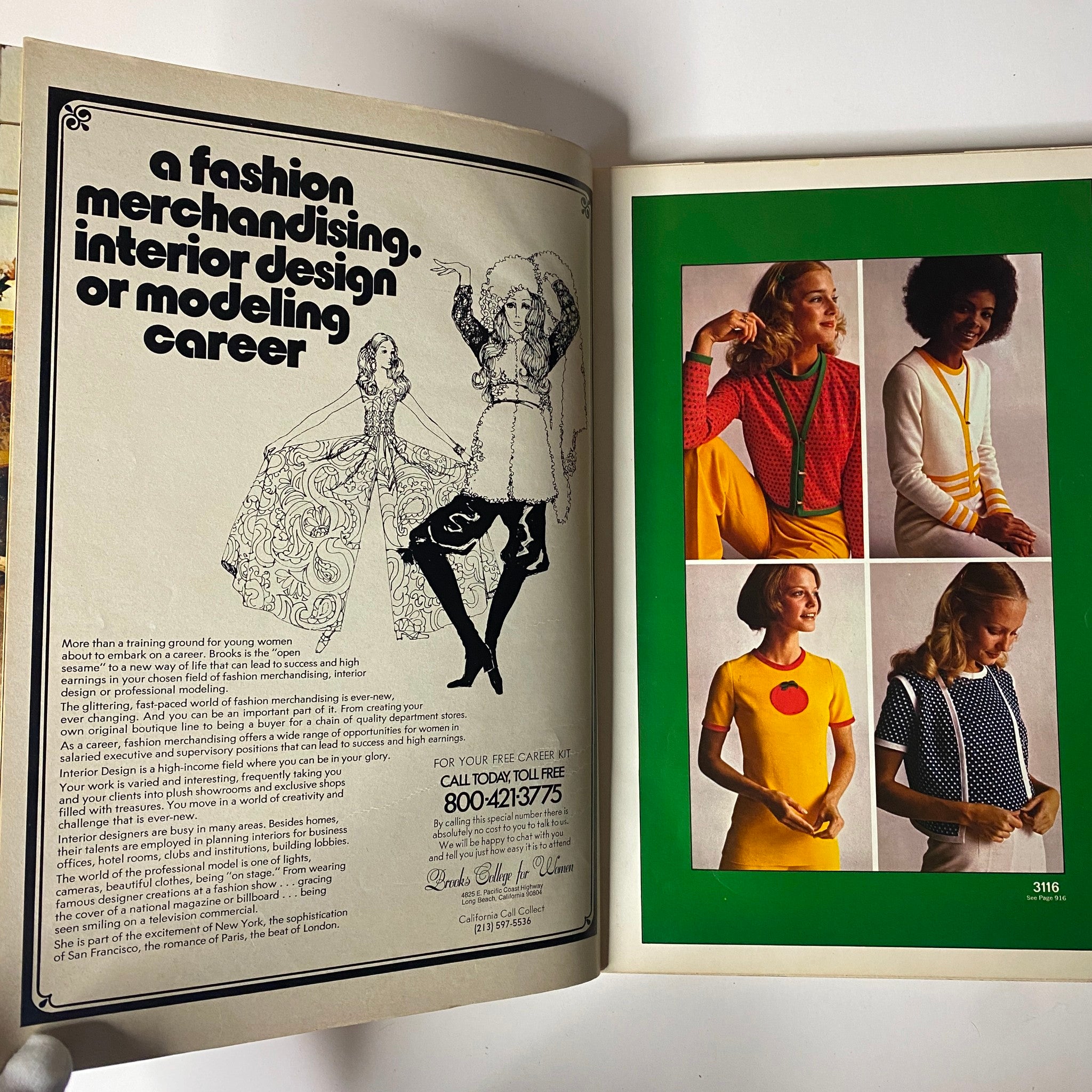 Page from the 1972 McCall's School Spring Catalog featuring a fashion advertisement for career opportunities in fashion merchandising, modeling, and interior design, alongside images of vibrant spring outfits.