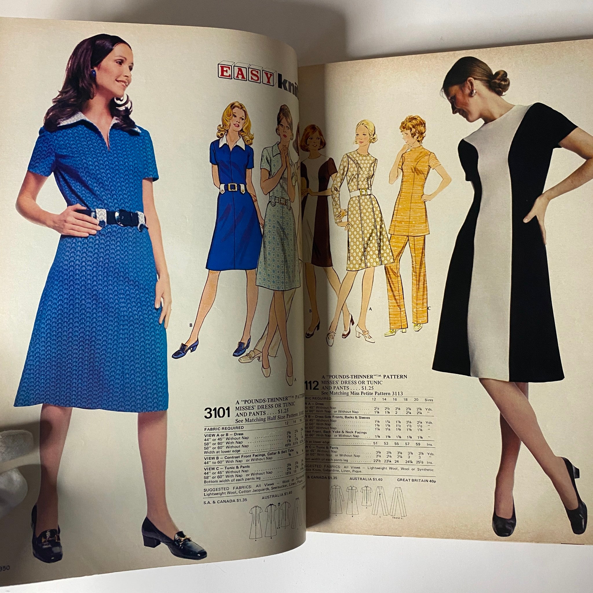 1972 April McCall's catalog featuring a vibrant blue dress and chic Misses' ensembles. Emphasizes the bold colors and styles of the 1970s fashion era.