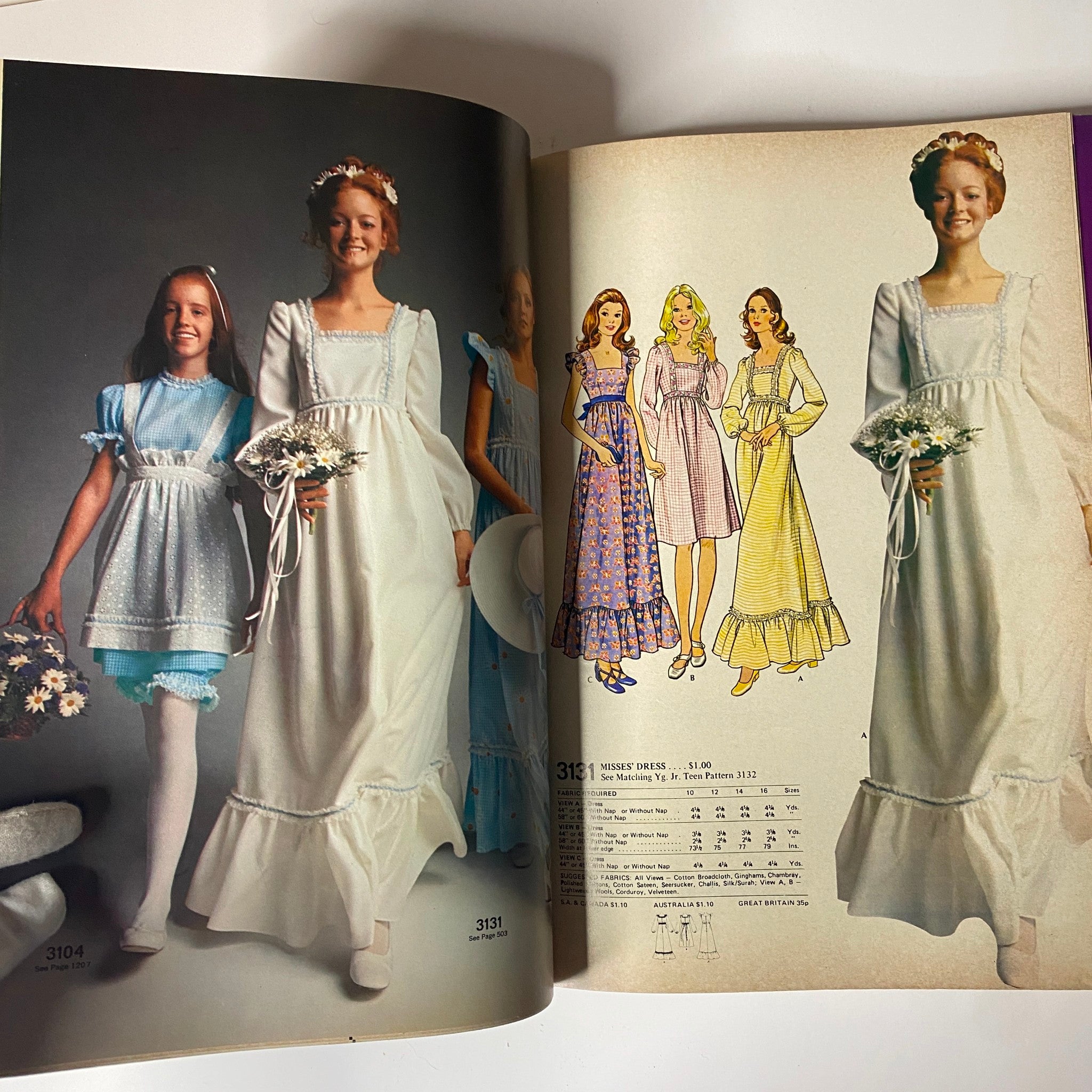 1972 April McCall's catalog with young girls in elegant white dresses and vintage fashion options. A representation of 1970s design for children’s clothing.