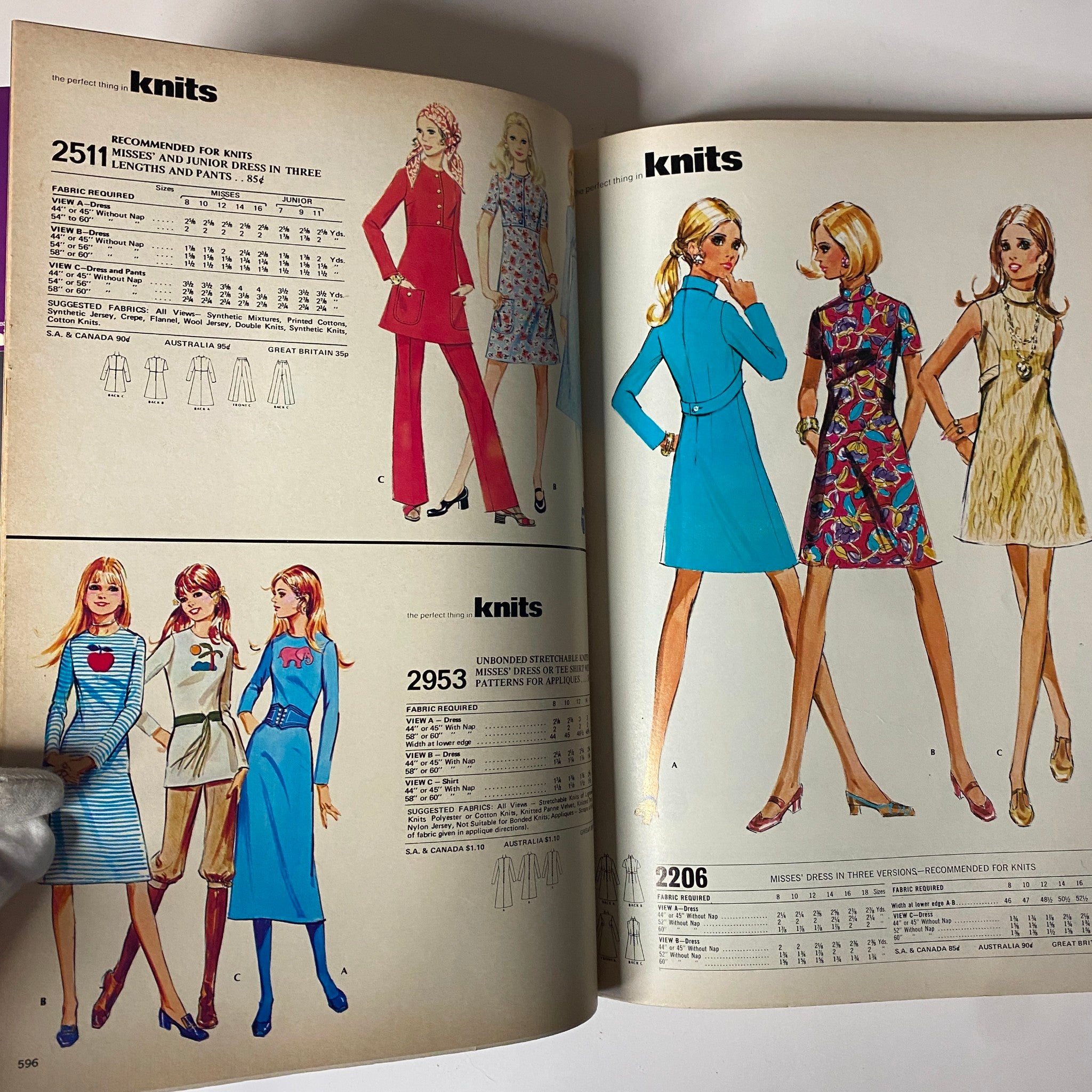 1972 April McCall's Catalog showcasing vibrant knit patterns featuring women in stylish dresses and jumpsuits ideal for home sewing enthusiasts.