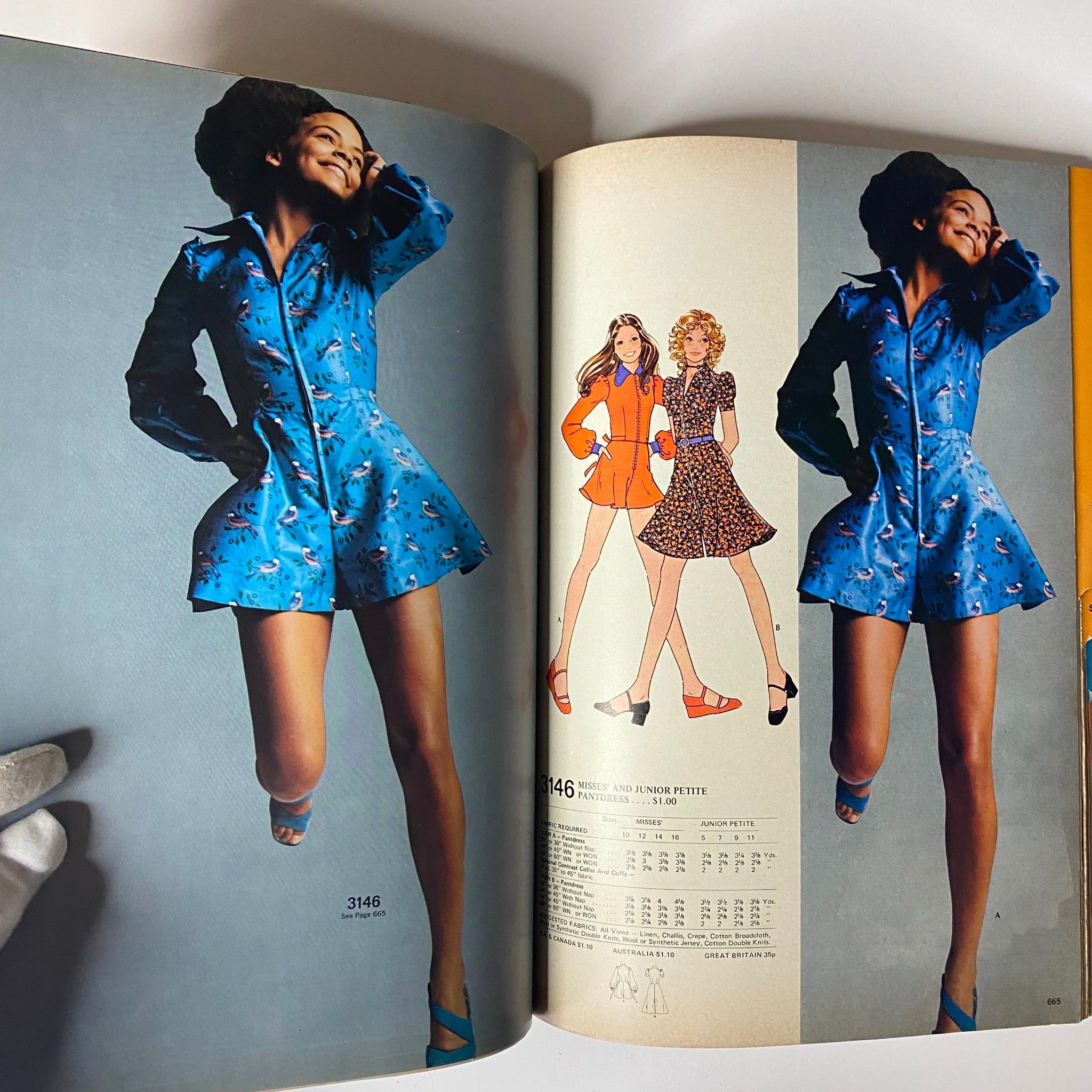 1972 April McCall's Catalog highlighting a model in a playful blue jumpsuit with illustrations of dress patterns that capture the essence of 1970s fashion.
