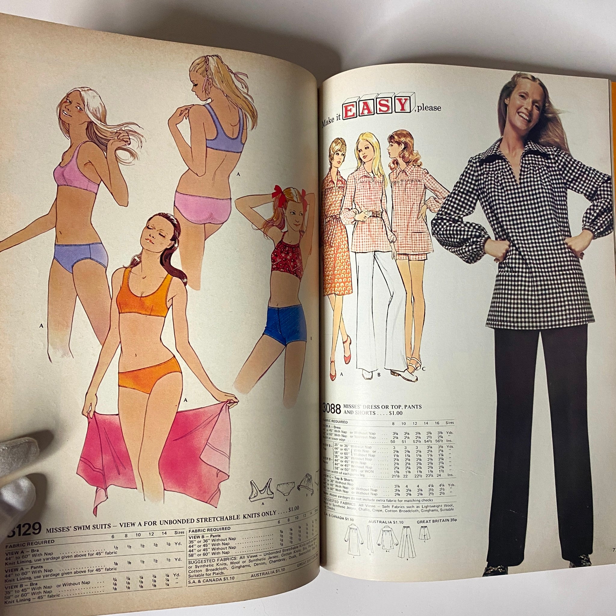 1972 April McCall's Catalog featuring illustrations of swimsuits alongside casual tops and pants, emphasizing the practicality and style of home sewing during the vintage era.