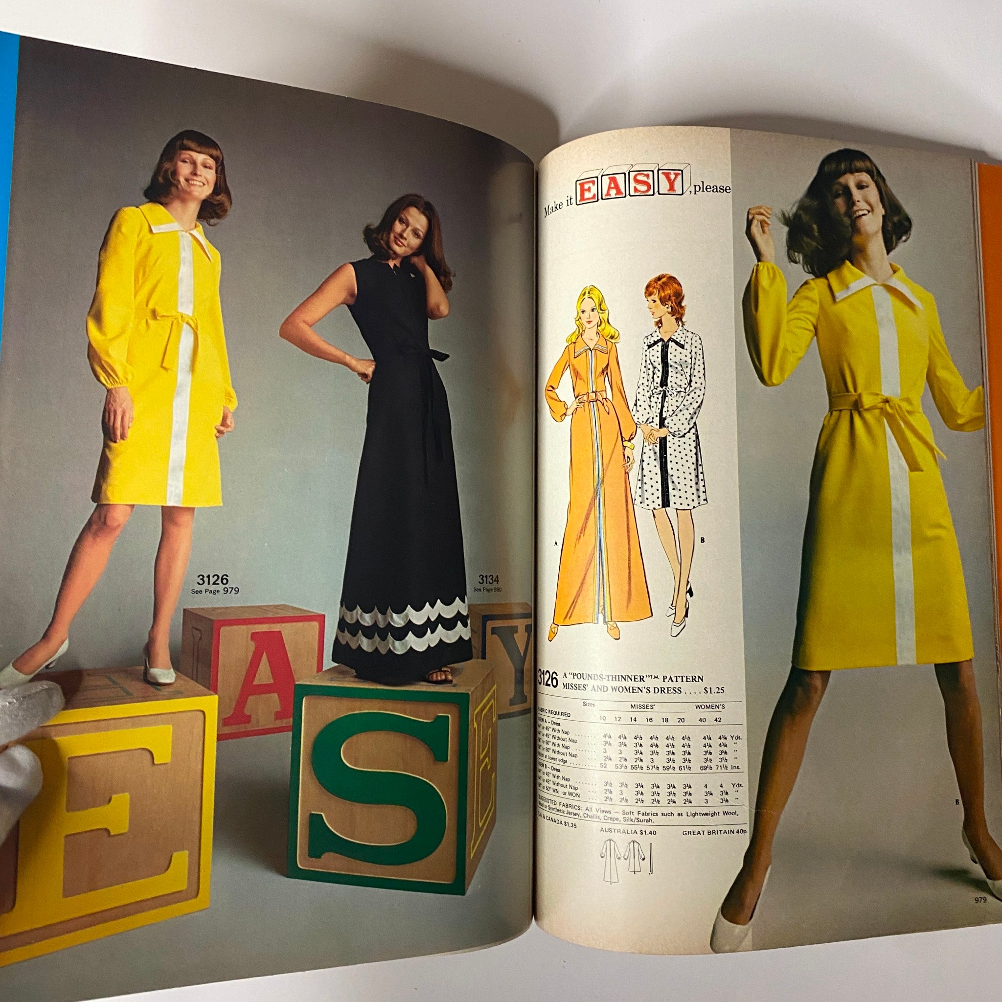 1972 April McCall's Catalog featuring stylish dresses on models, highlighting the bold colors and designs of the early 70s fashion.