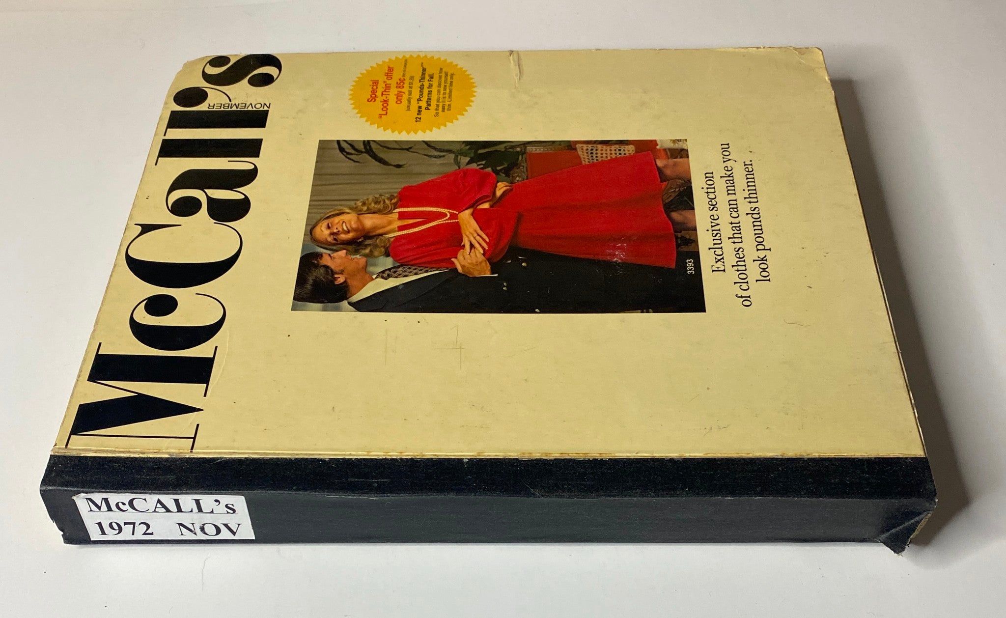 Side view of the 1972 November McCall's Catalog, displaying the title and an image of a couple with the 'Look-Thin' promotion on the cover.