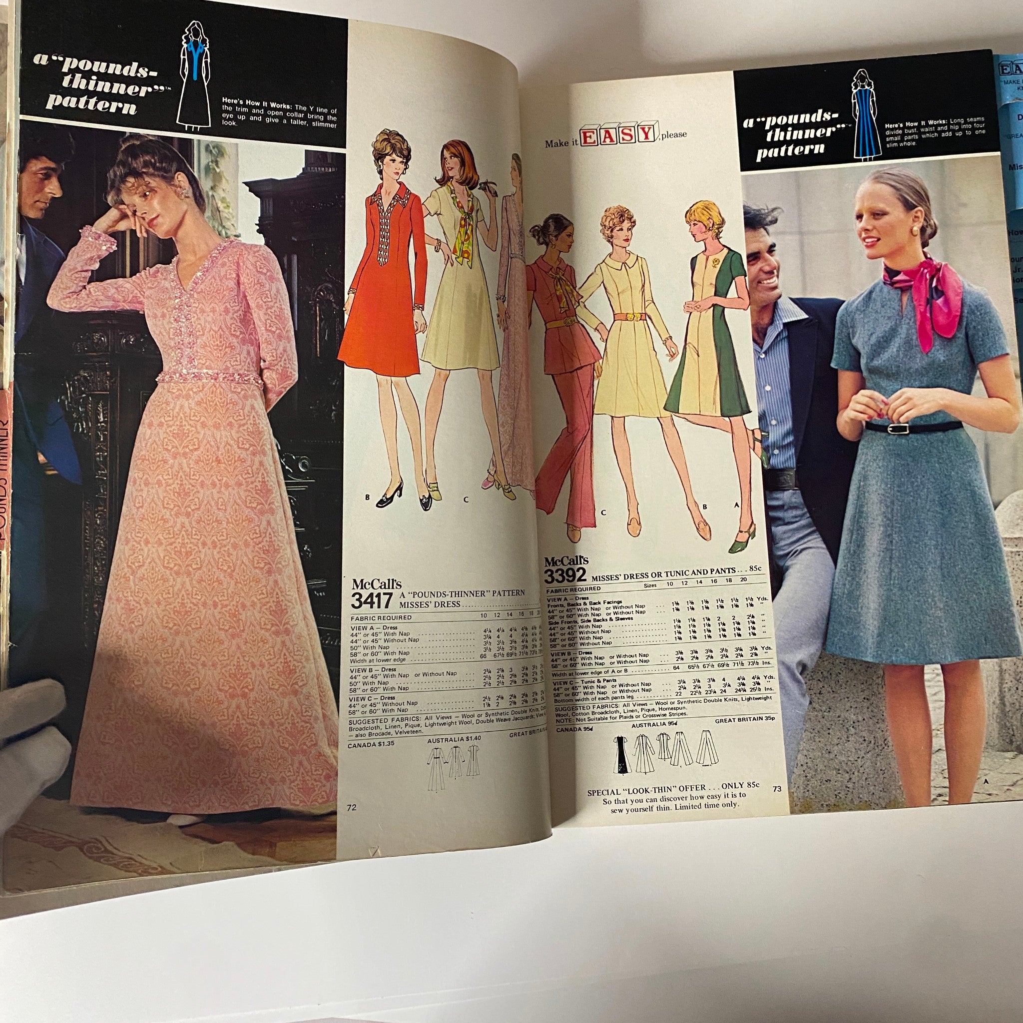 Additional interior pages of the 1972 McCall's Holiday Huge Store Retail Counter Catalog highlighting unique dress patterns and seasonal clothing options.