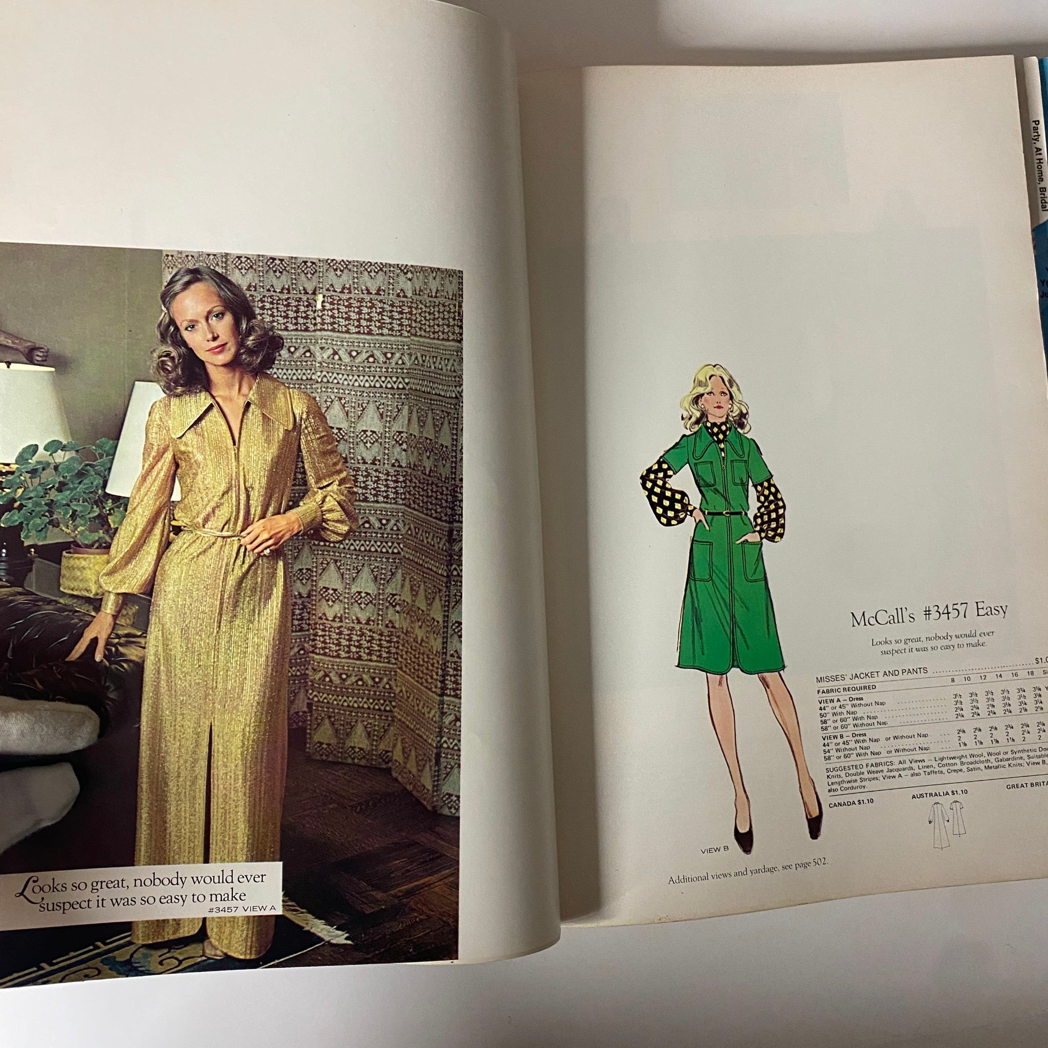 1972 McCall's Holiday Huge Store Retail Counter Catalog showcasing a model in a gold dress with puffy sleeves, emphasizing the retro holiday fashion style.
