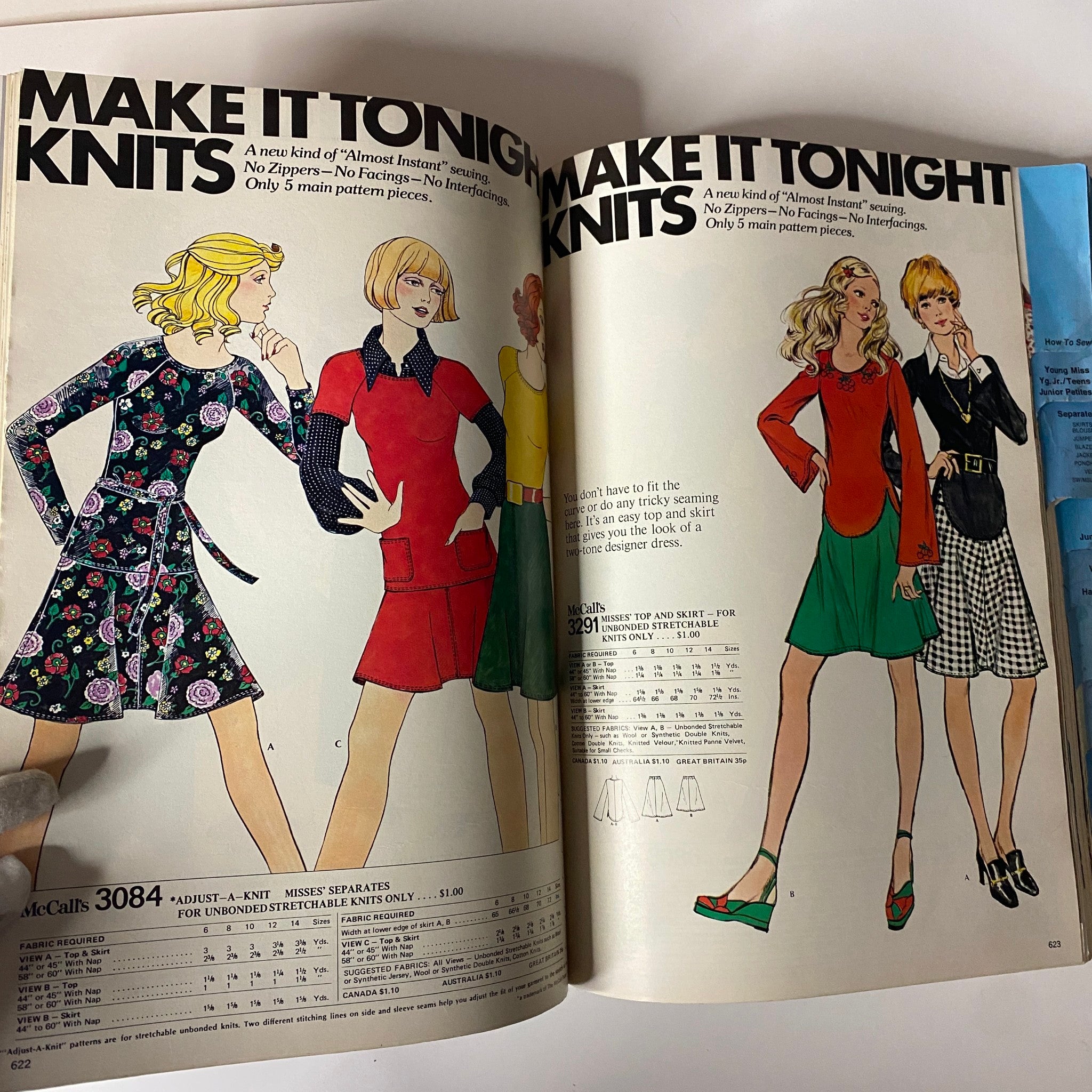 1972 McCall's Holiday Huge Store Retail Counter Catalog featuring a colorful illustration of knit patterns with models wearing various dresses and tops for instant sewing projects.