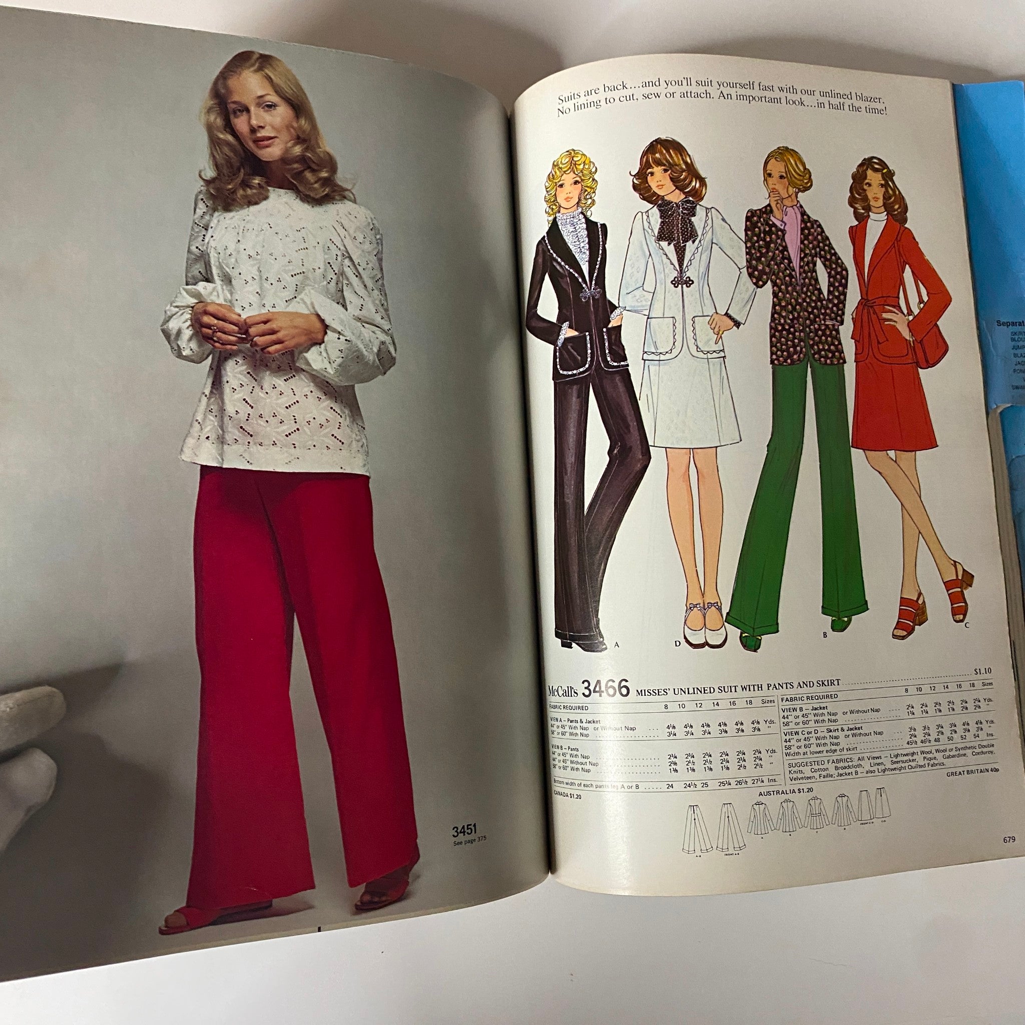 1972 McCall's Holiday Huge Store Retail Counter Catalog illustrating a woman in a stylish top with flared red pants, paired with retro outfit designs for contemporary sewing.