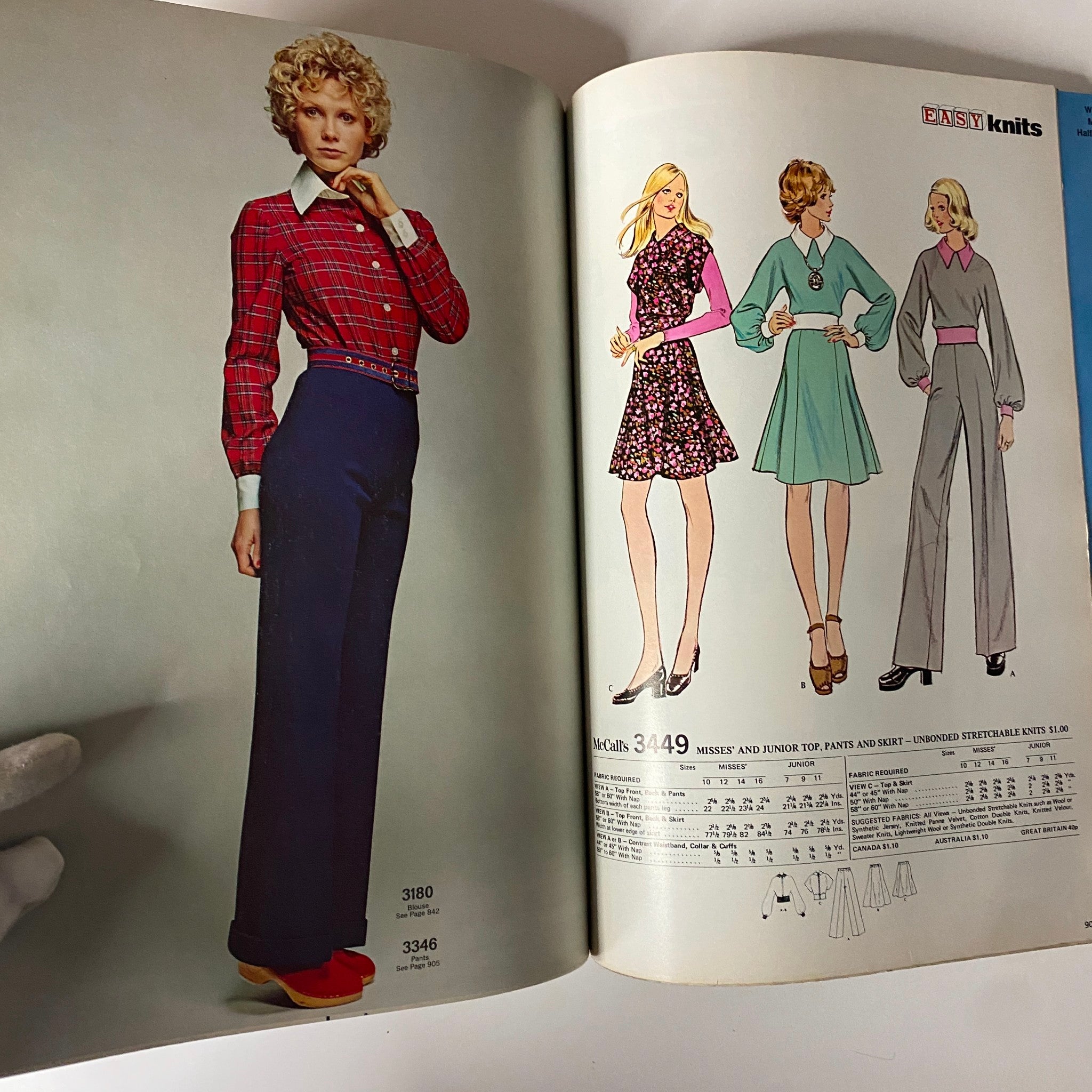 1972 McCall's Holiday Huge Store Retail Counter Catalog featuring fashionable looks from the 1970s, with models wearing knit tops and stylish pants.
