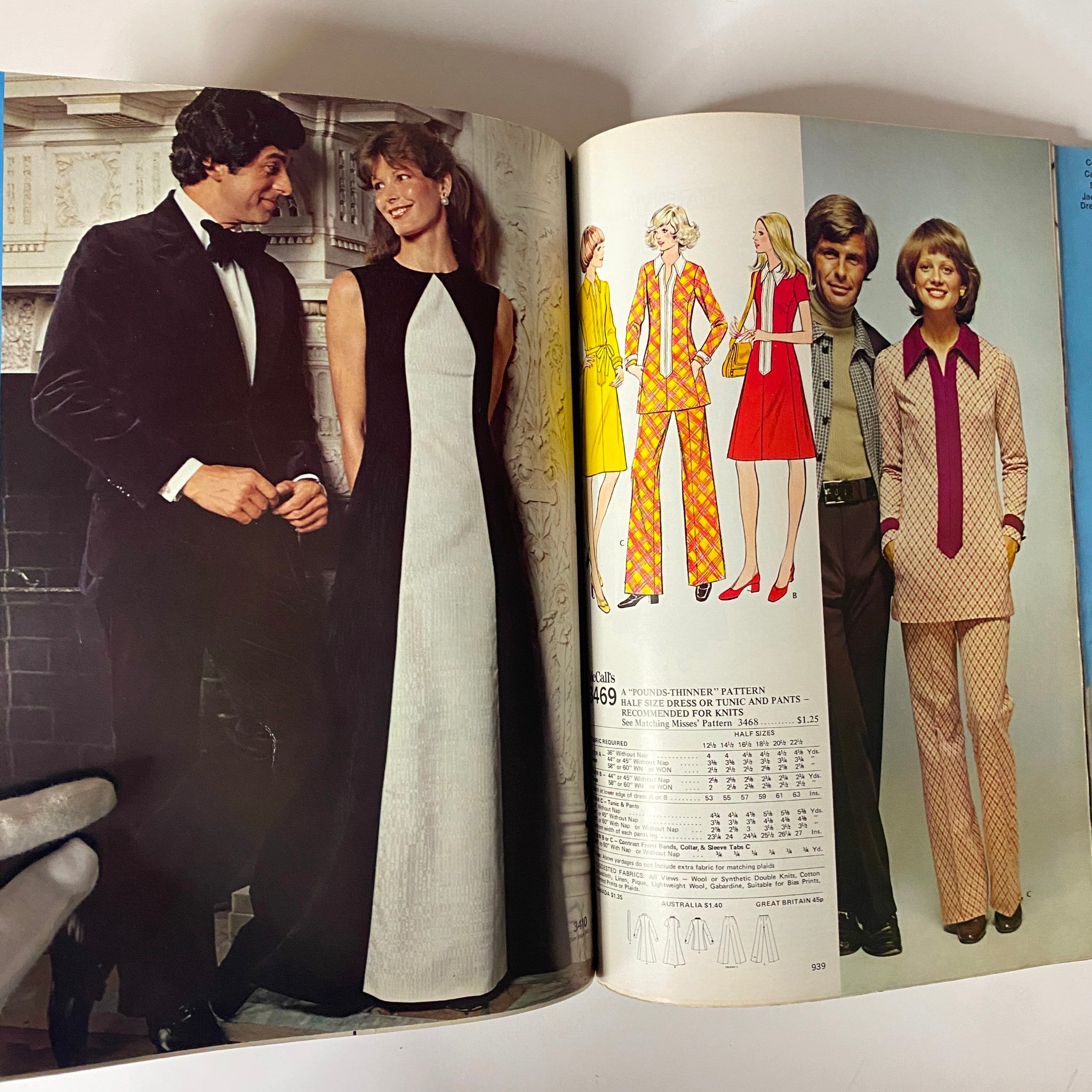 1972 McCall's Holiday Huge Store Retail Counter Catalog displaying formalwear with a tuxedo and evening gown, highlighting vintage party attire.