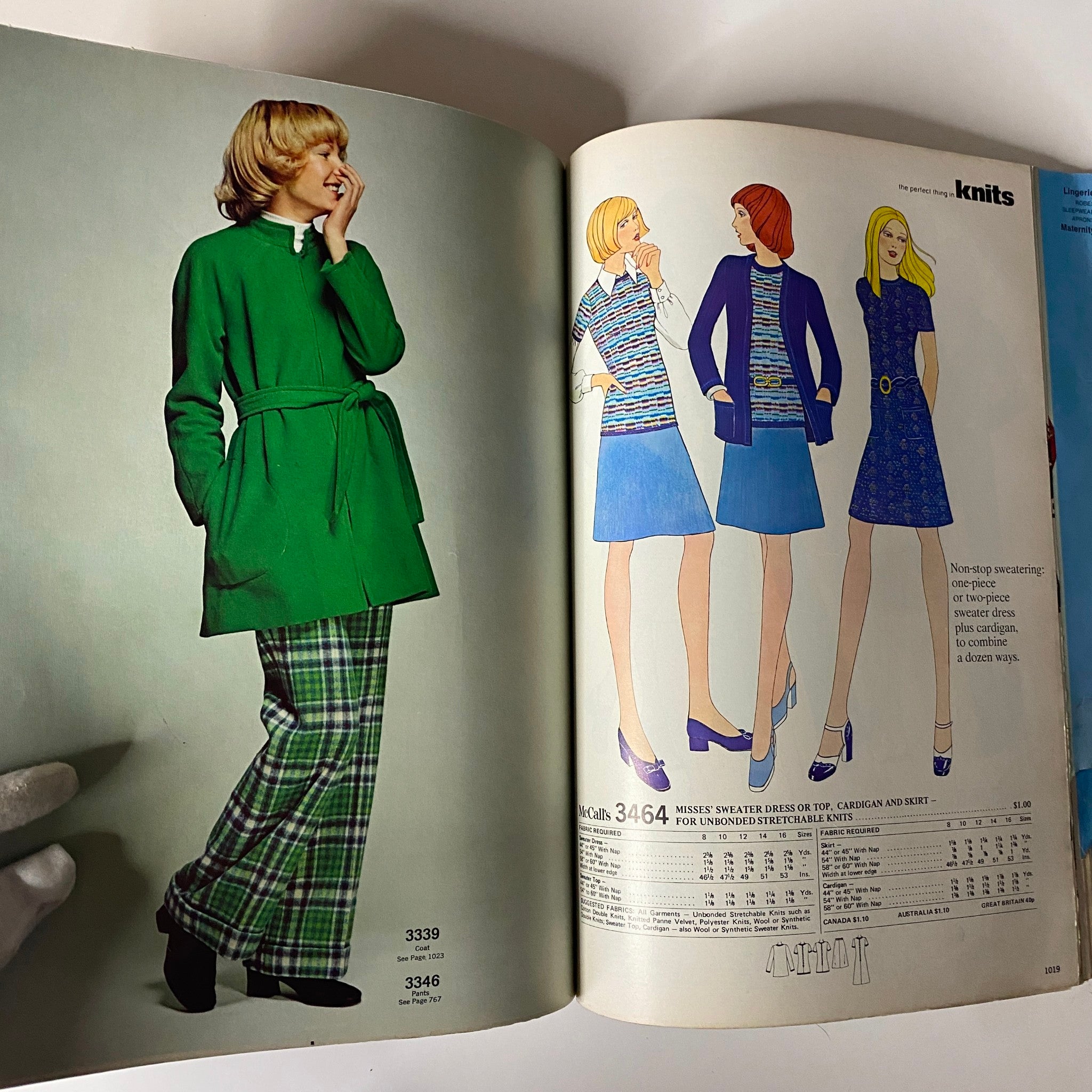 1972 McCall's Holiday Huge Store Retail Counter Catalog portraying a model in a green belted coat paired with plaid pants, emphasizing retro knitwear fashions.