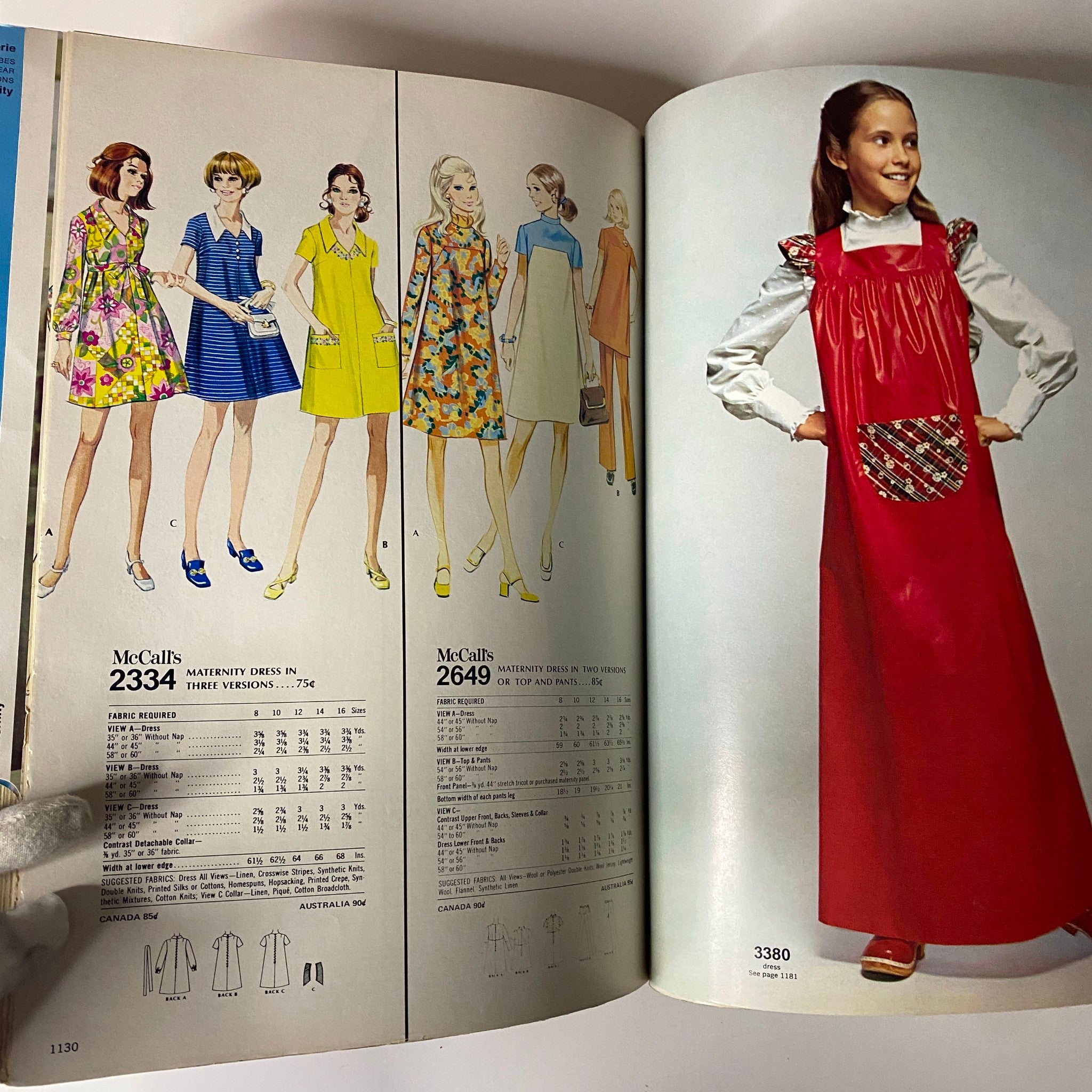 1972 McCall's Holiday Huge Store Retail Counter Catalog featuring a vintage maternity dress pattern with colorful designs and elegant details.
