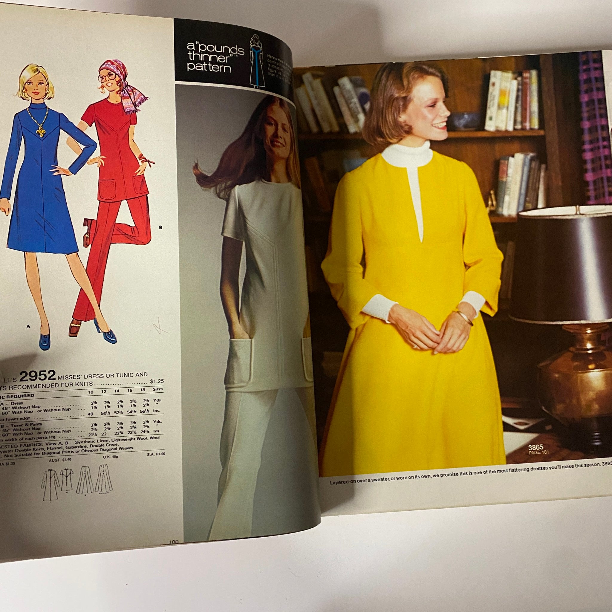 1973 January Carefree McCall's Huge Store Retail Counter Catalog showcasing Misses' dresses with colorful designs, including a contrast of yellow and white, reflecting 1970s fashion trends.