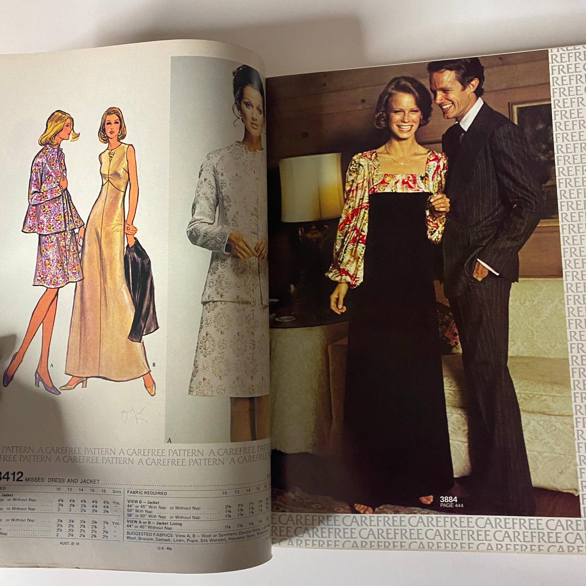 1973 January Carefree McCall's Huge Store Retail Counter Catalog page featuring elegant dresses and coordinated outfits, embodying the chic essence of 1970s fashion.
