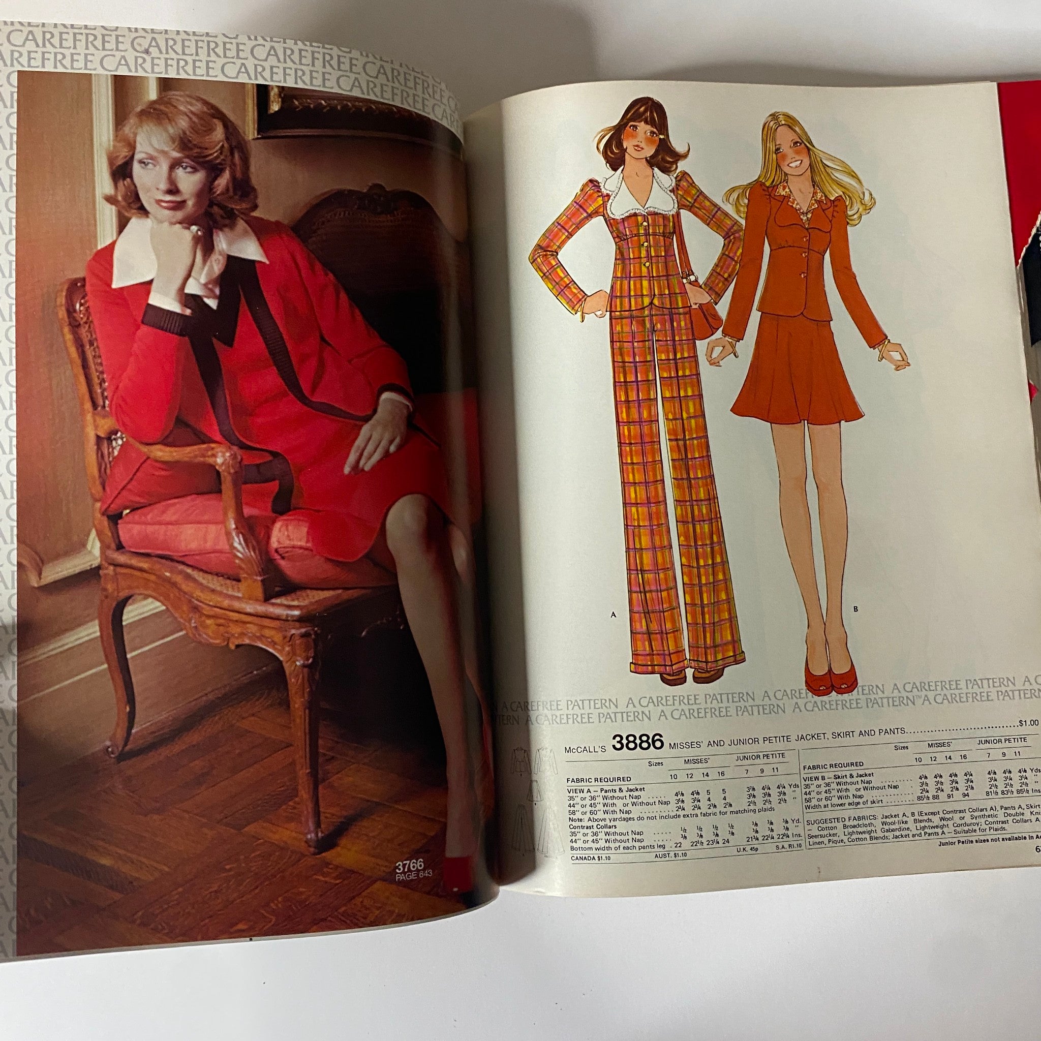 1973 January Carefree McCall's Catalog showcasing elegant fashion patterns, featuring a woman in a stylish red outfit alongside design illustrations of Misses' dresses and pants.