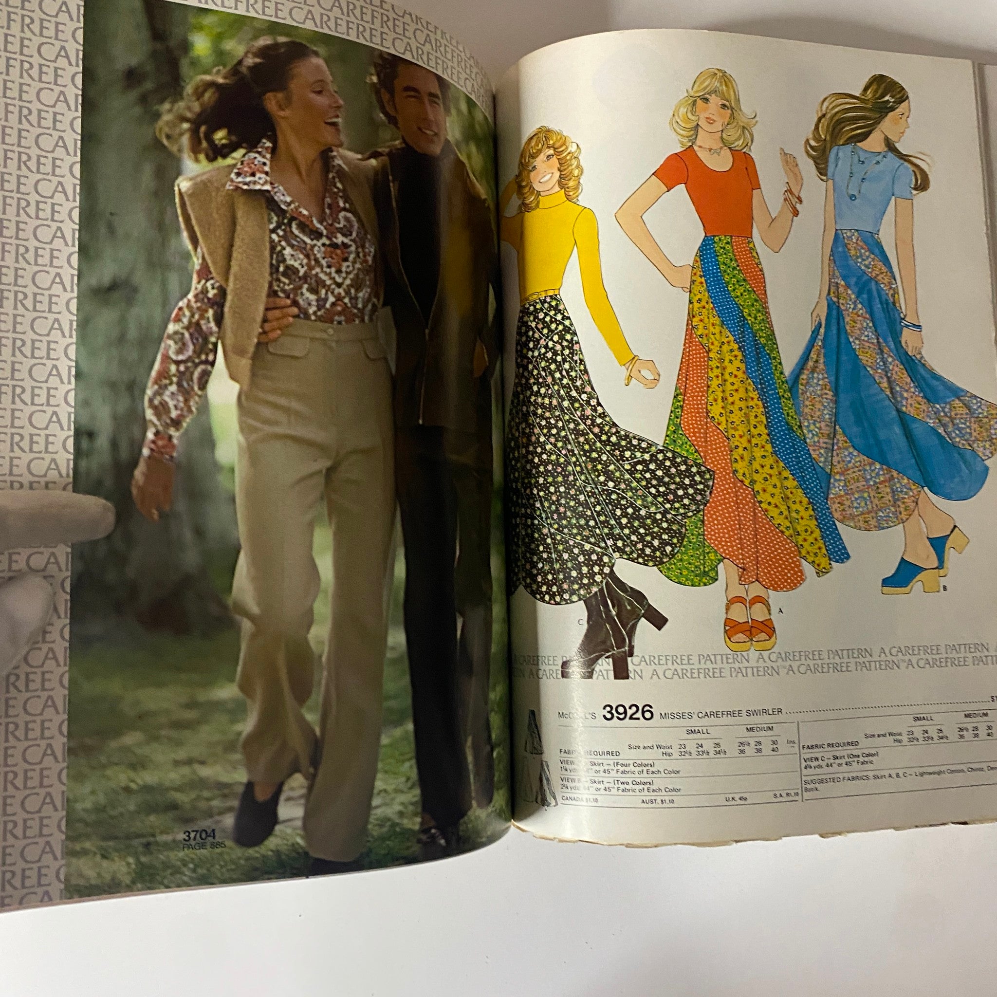 1973 January Carefree McCall's Catalog highlighting chic patterns, featuring couples in fashionable outfits with illustrations of maxis and trendy skirts for Misses.
