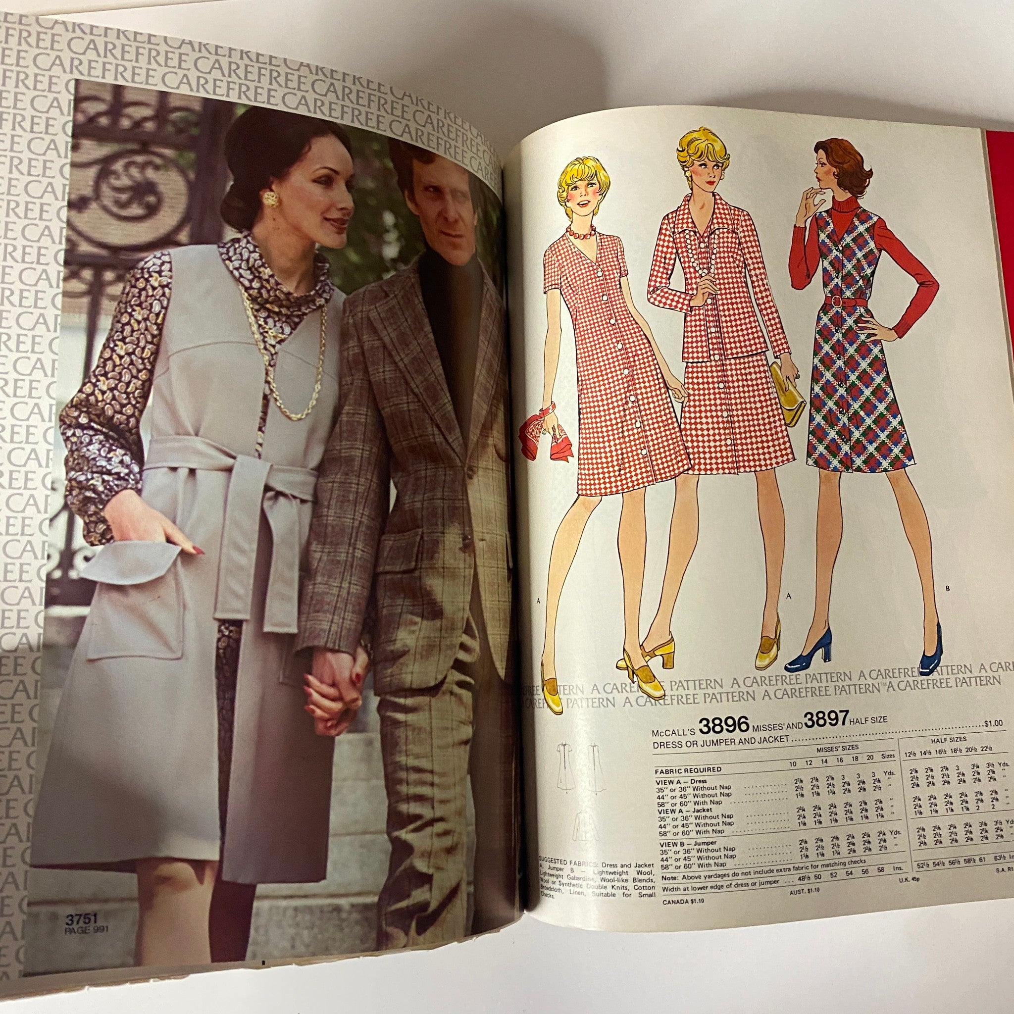 1973 January Carefree McCall's Catalog displaying stylish sewing patterns, featuring a couple dressed in contemporary attire with illustrations of coordinating dresses and jackets for Misses and Junior sizes.