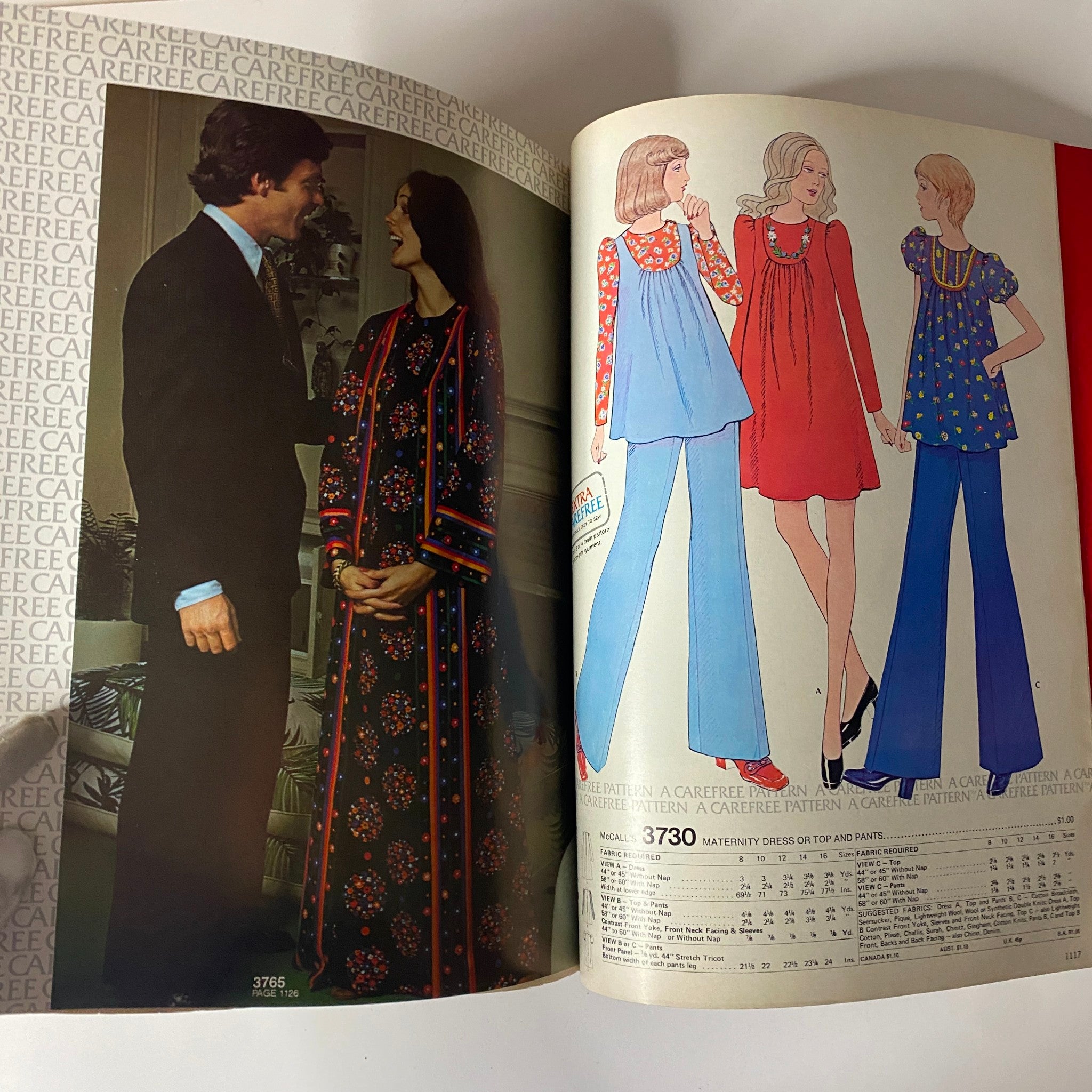 1973 January Carefree McCall's Catalog emphasizing maternity styles, featuring a couple in elegant evening wear next to illustrations of maternity dresses and coordinating outfits.