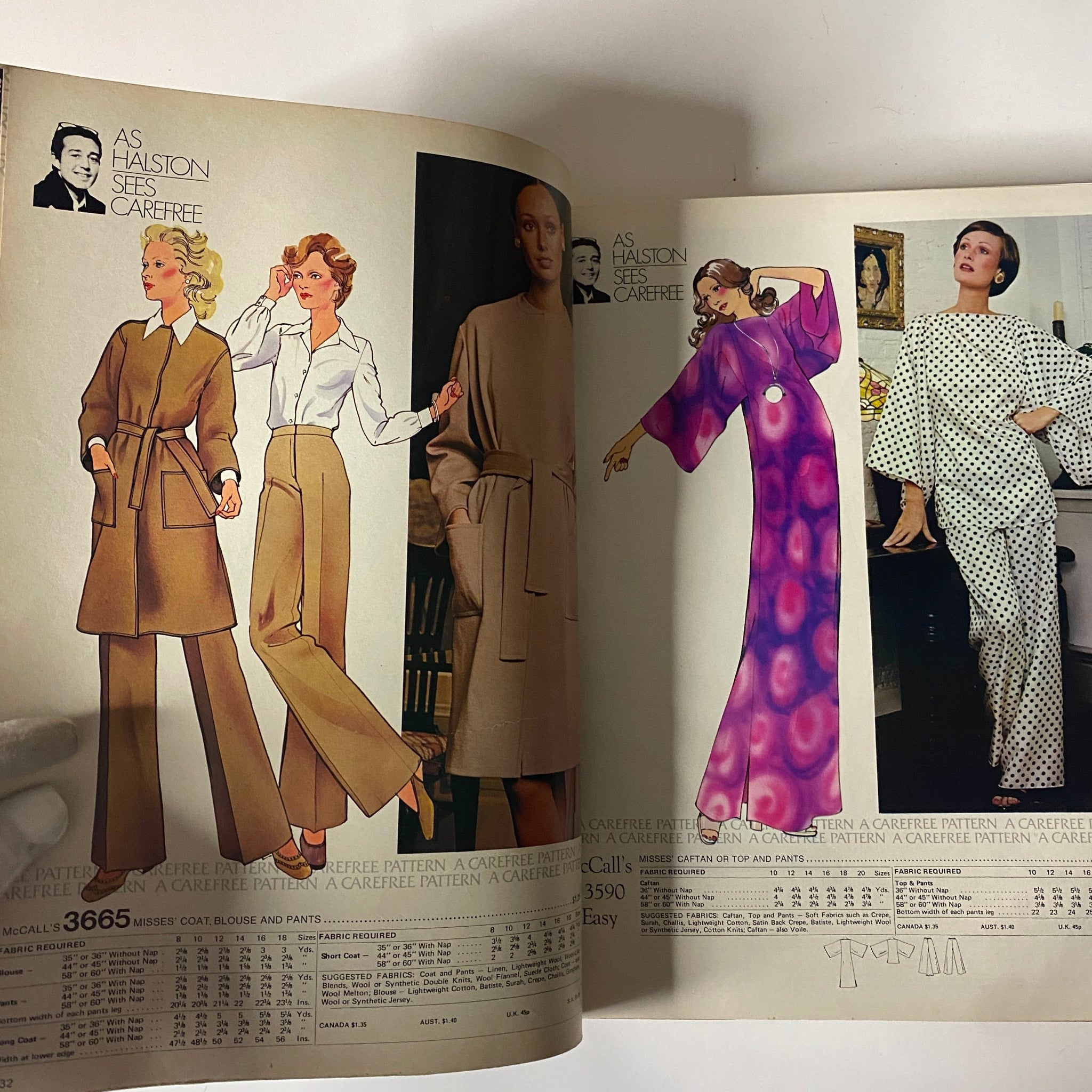1973 July - August McCall's Carefree Patterns Catalog displaying elegant fashion illustrations. The collection includes chic, modern designs such as a sleek coat and fashionable outfits from the 1970s.